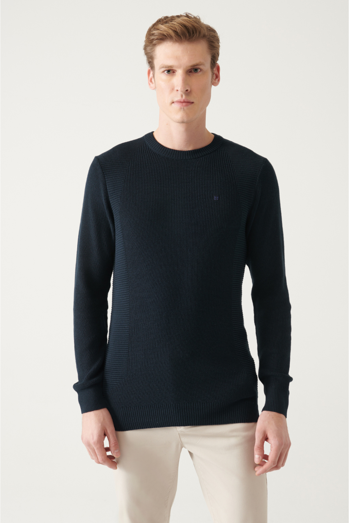 Avva Men's Navy Blue Crew Neck Jacquard Slim Fit Narrow Cut Knitwear Sweater