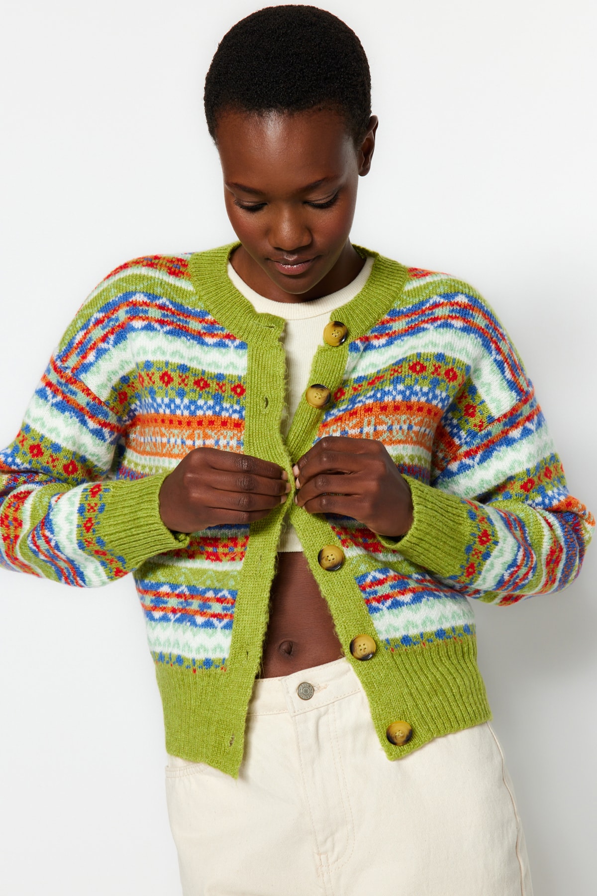Levně Trendyol zelený měkký texturovaný vzorovaný pletený svetr