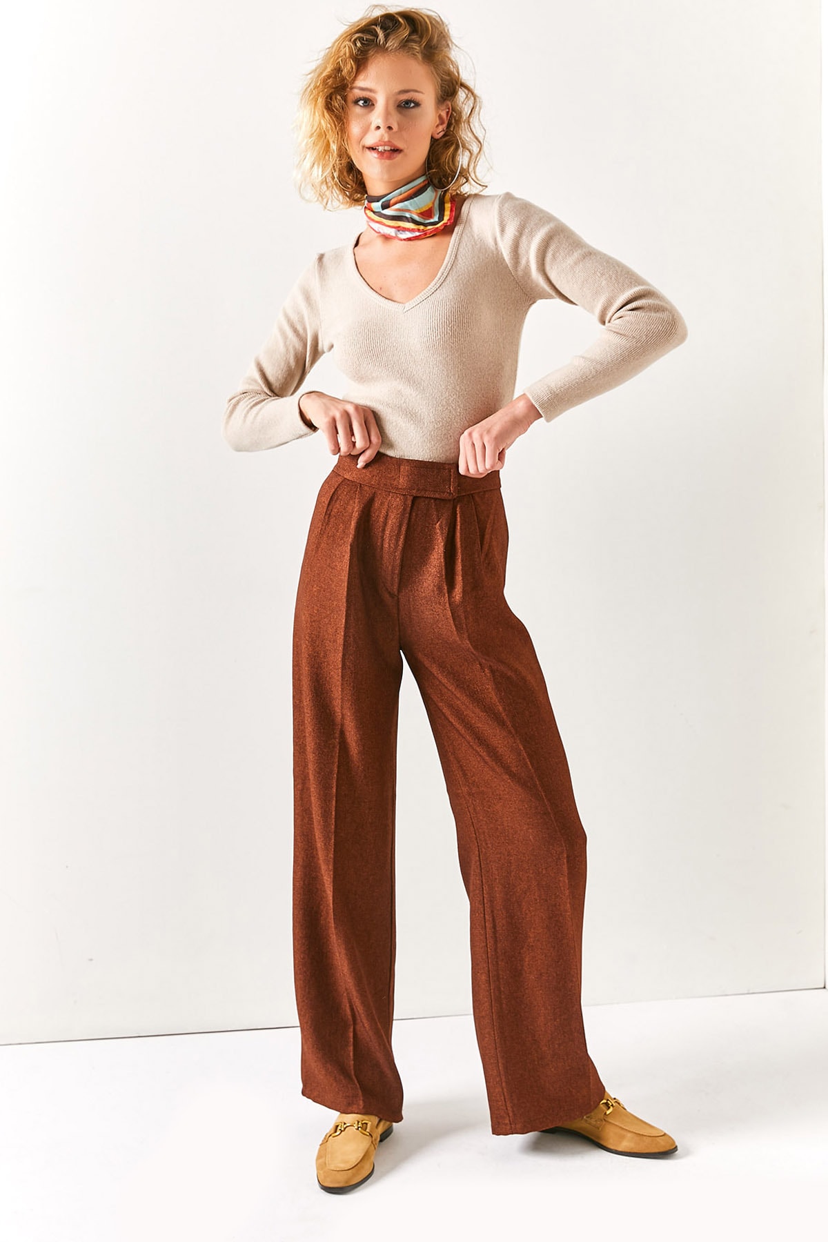 Olalook női barna tépőzáras derékmagas derékú téli nadrág
