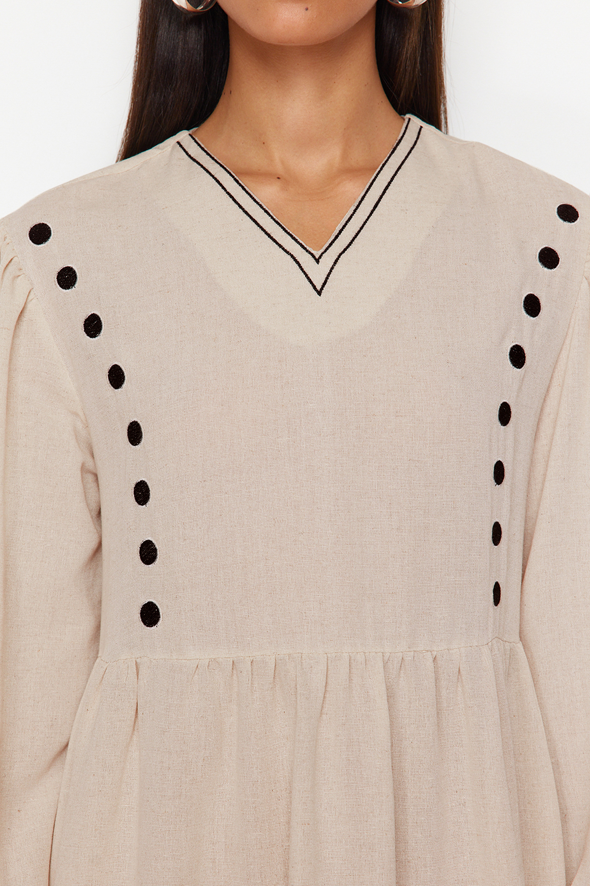 Trendyol Beige V-Neck Detailed Woven Linen Look Dress