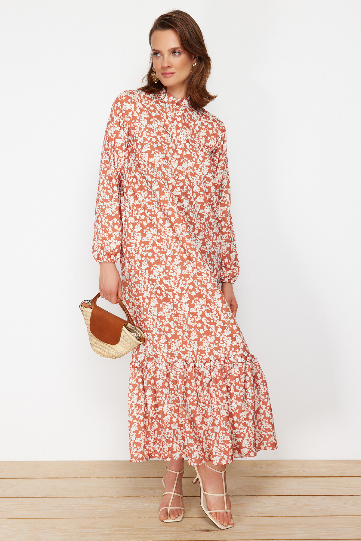 Trendyol Tile Flower Patterned Half Pat Hem Frilly Lined Woven Dress
