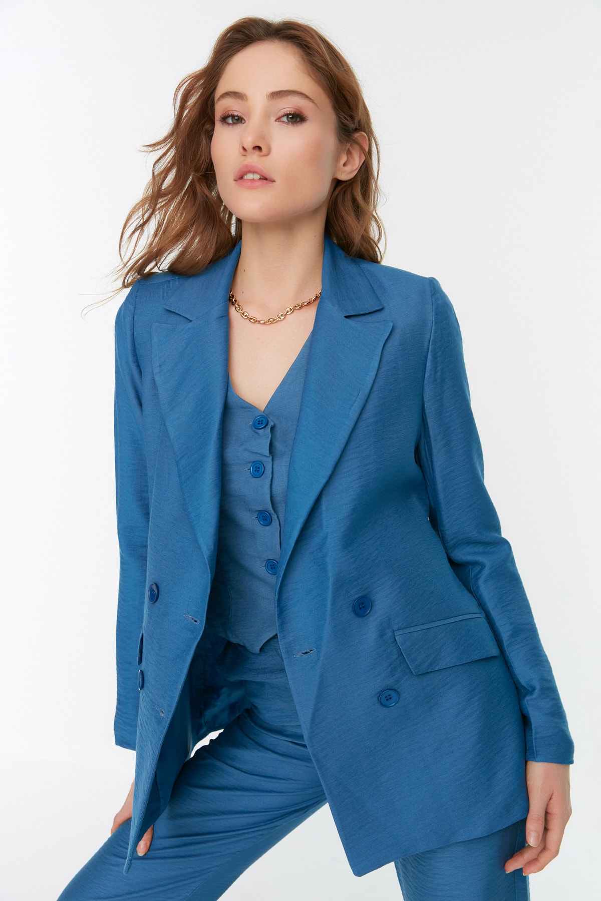 Levně Trendyol Blue Woven Buttoned Blazer Jacket