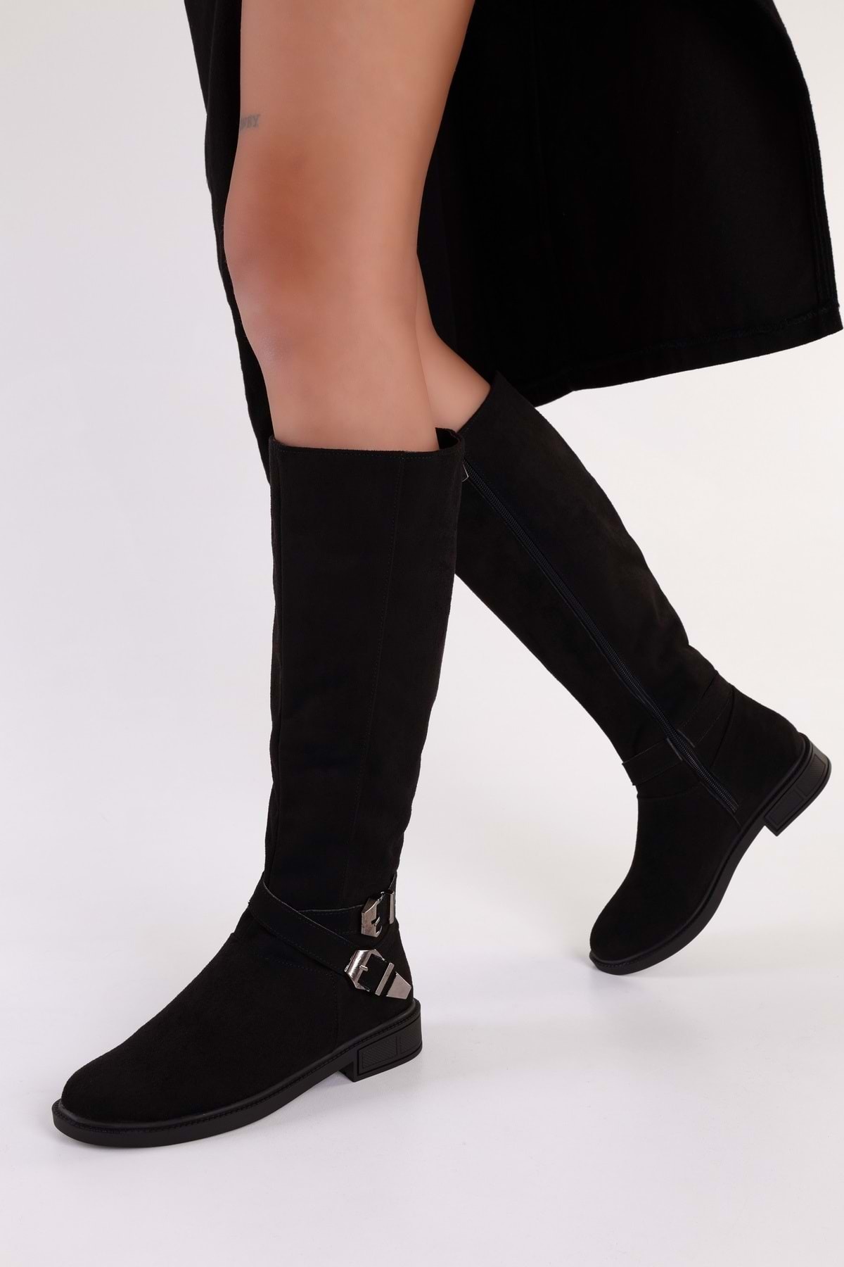 Levně Shoeberry Women's Steele Black Suede Buckle Flat Heel Boots Black Suede