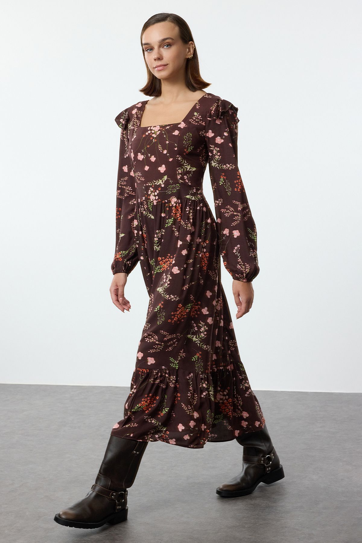 Trendyol Brown Floral A-Line Ruffle 100% Viscose Woven Dress