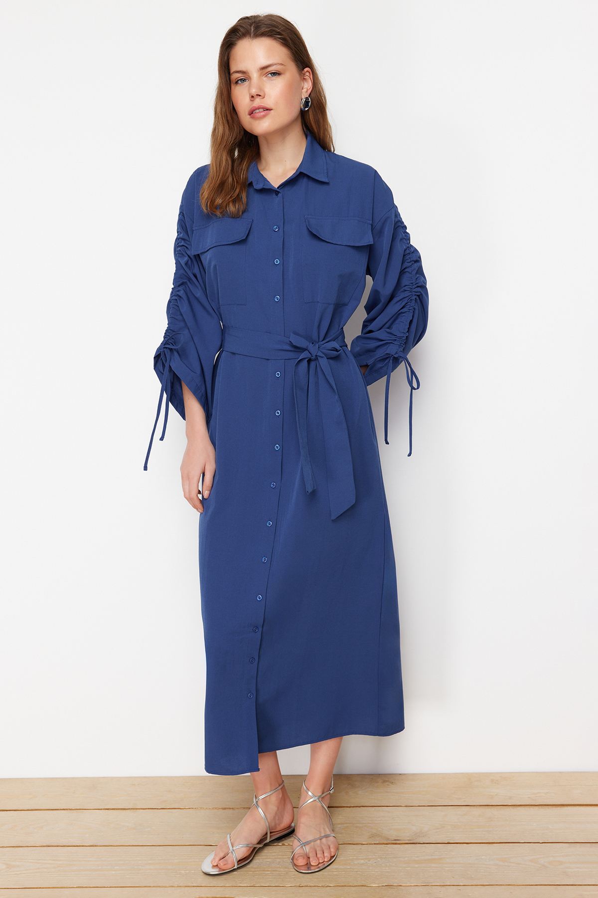 Trendyol Saks Belted Cotton Woven Shirt Dress with Adjustable Sleeves Detail