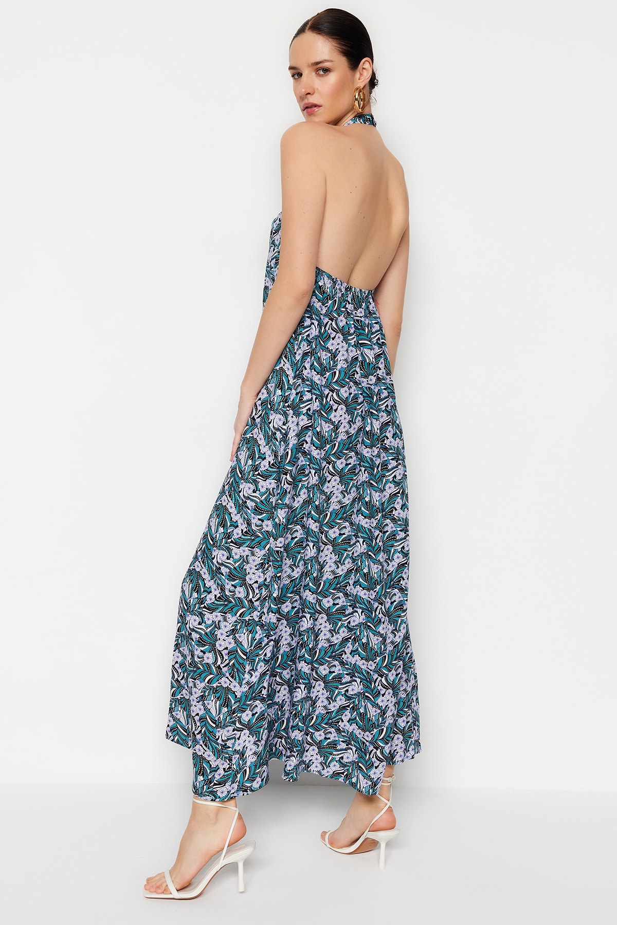 Trendyol Blue Straight Cut Maxi Woven Halterneck Floral Dress