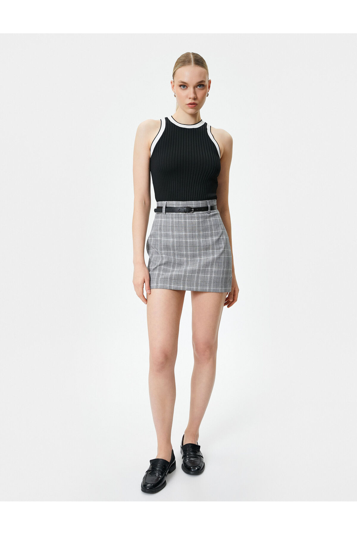 Koton Belted Plaid Mini Skirt