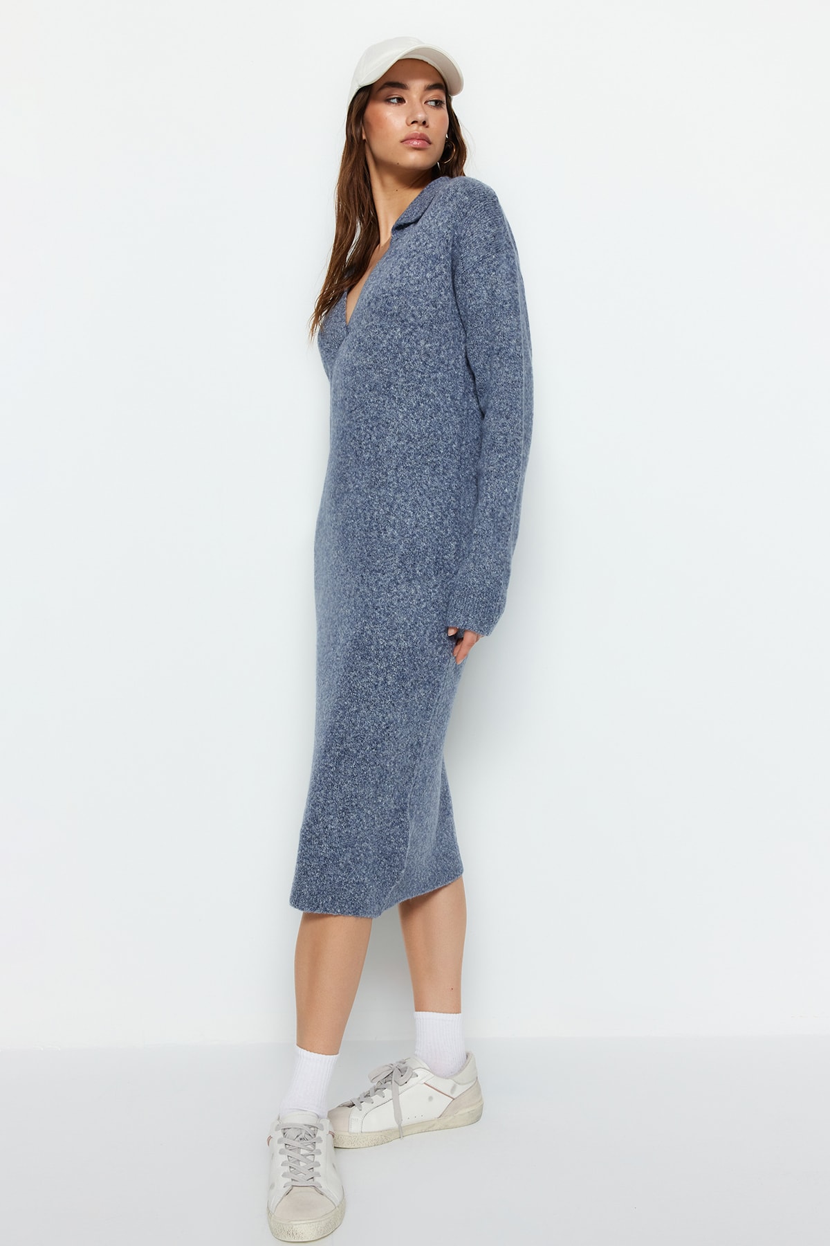 Trendyol Blue Midi Knitwear Wool Polo Neck Dress