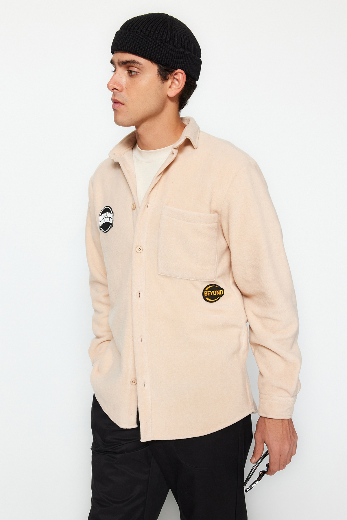 Levně Trendyol Beige Regular Fit Label Detailed Fleece Thick Winter Shirt