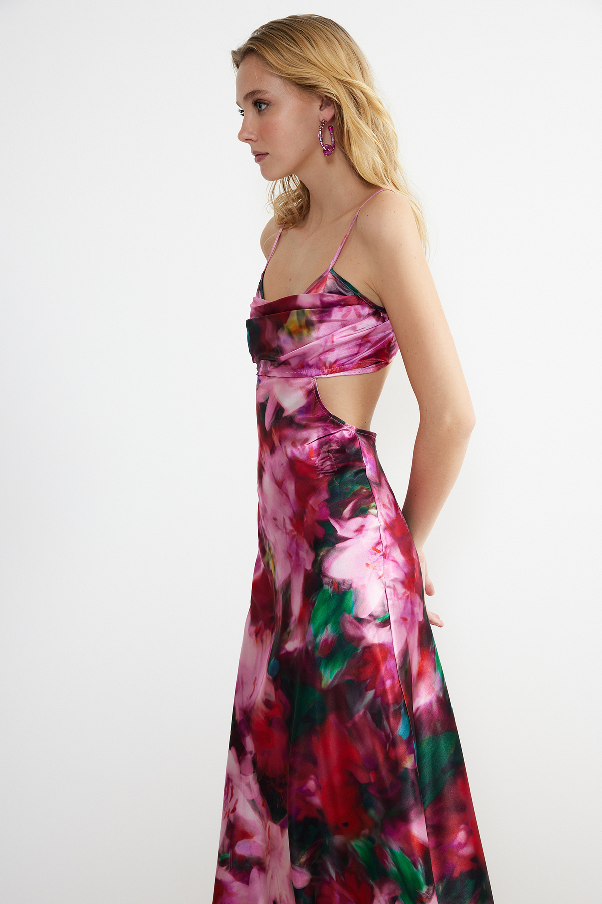 Trendyol Pink-Multi-Colored Floral Patterned Woven Satin Elegant Evening Dress
