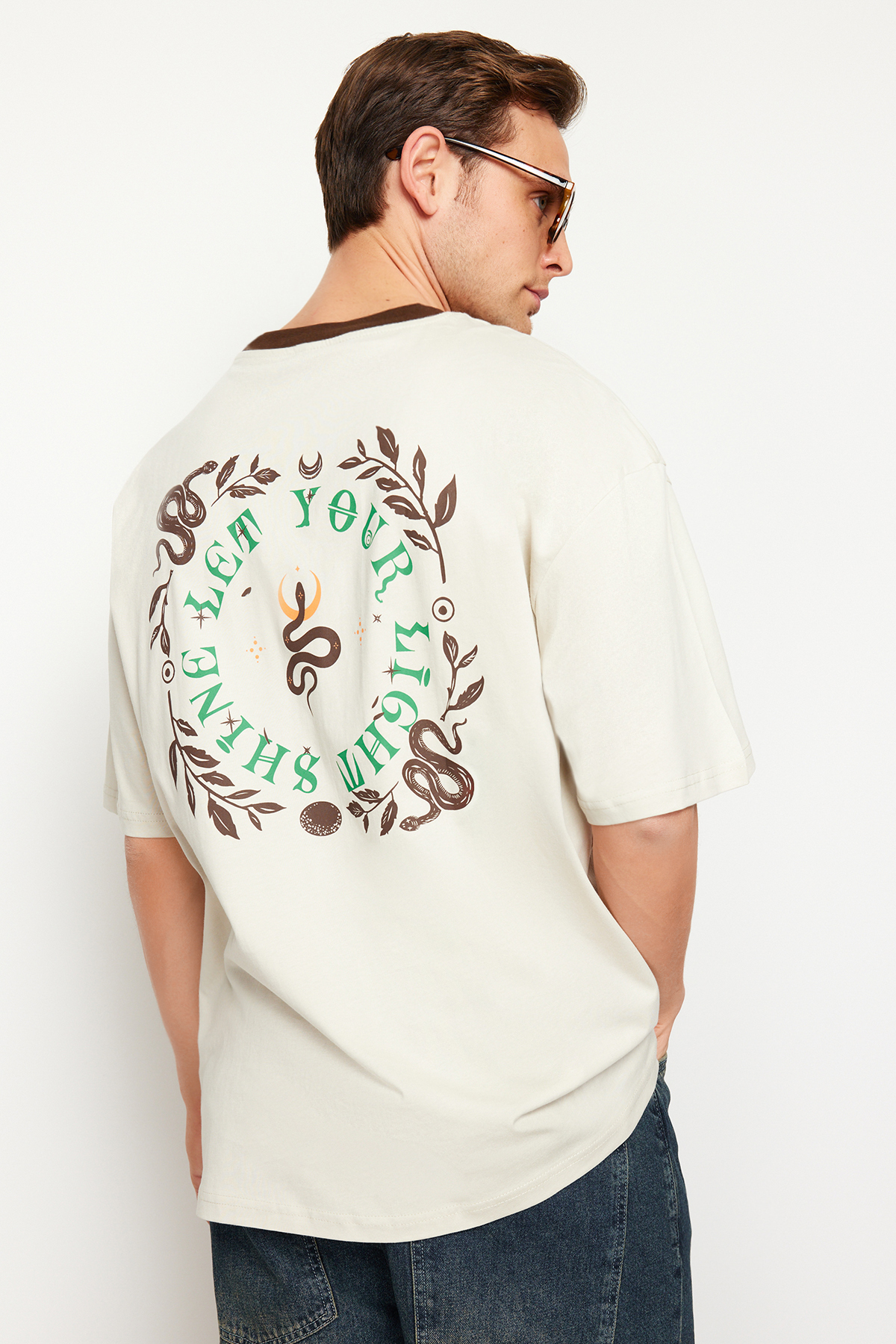 Trendyol Stone Oversize/Wide Cut Mystic Printed Contrast Collar Rib 100% Cotton T-Shirt