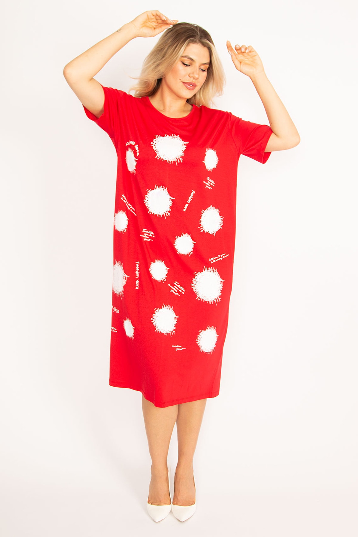 Şans Women's Plus Size Red Viscose Dress with Front Print