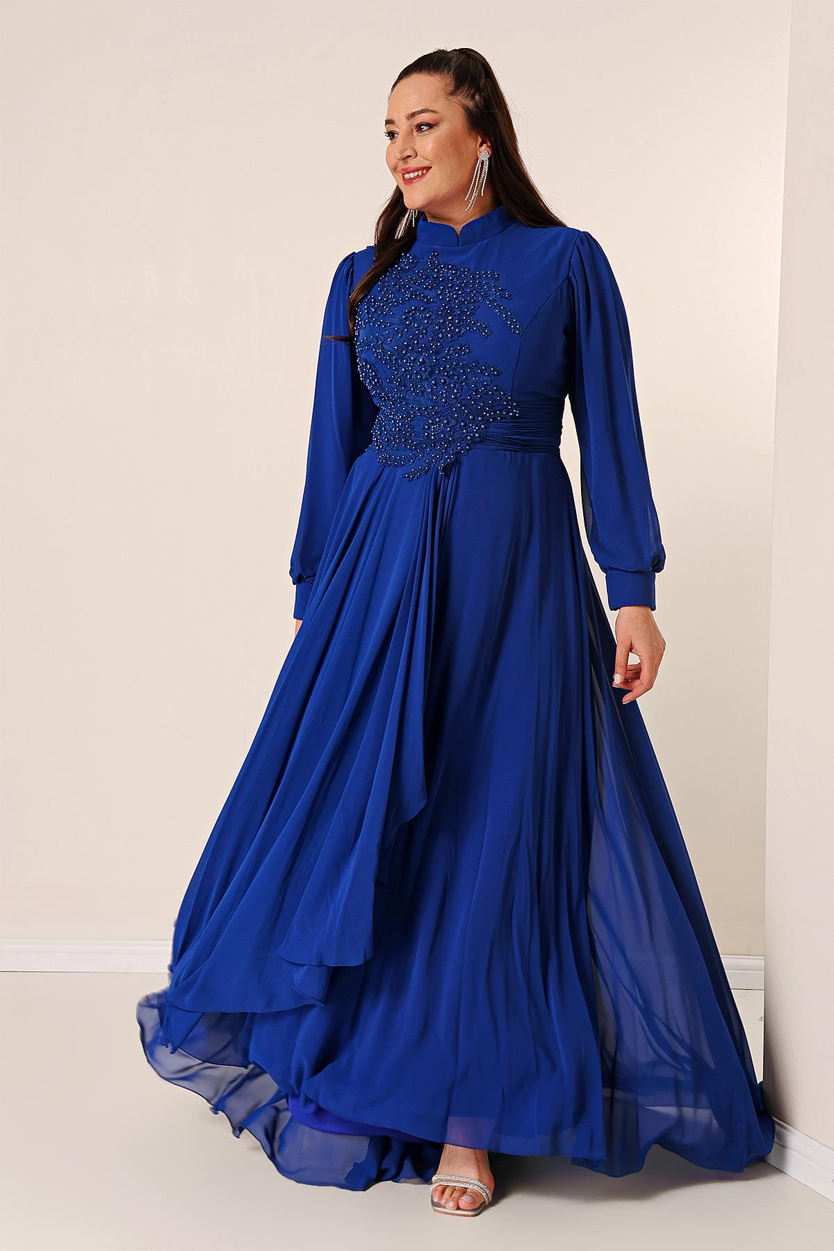 By Saygı Bead Embroidered Lined Flounce Front Plus Size Long Chiffon Dress