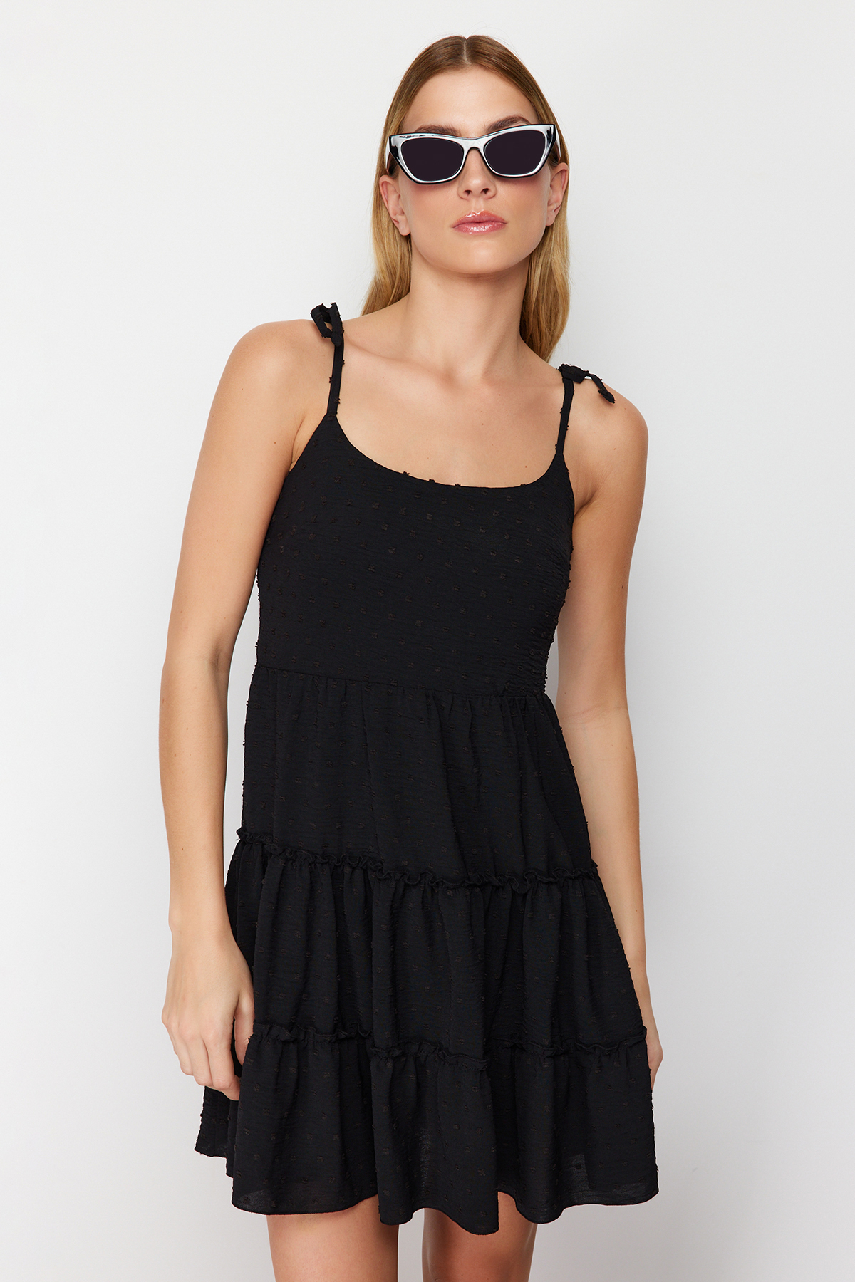 Trendyol Black Woven Mini Dress with Flounce Fabric Skirt