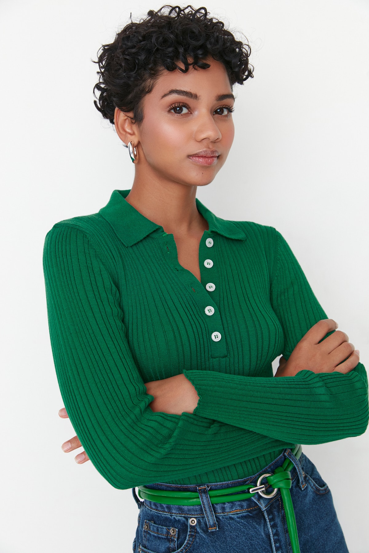 Trendyol Emerald Green Polo Collar Corduroy Knitwear Sweater