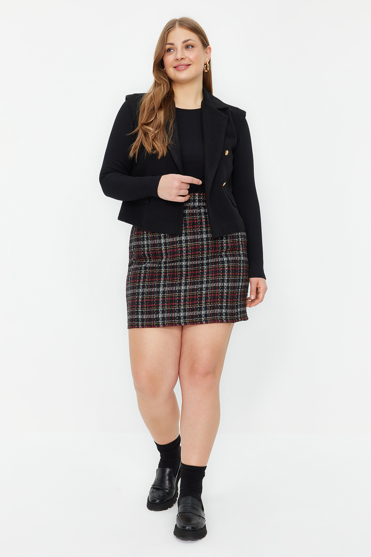 Levně Trendyol Curve Black Plaid / Checkered Tweed Woven Skirt