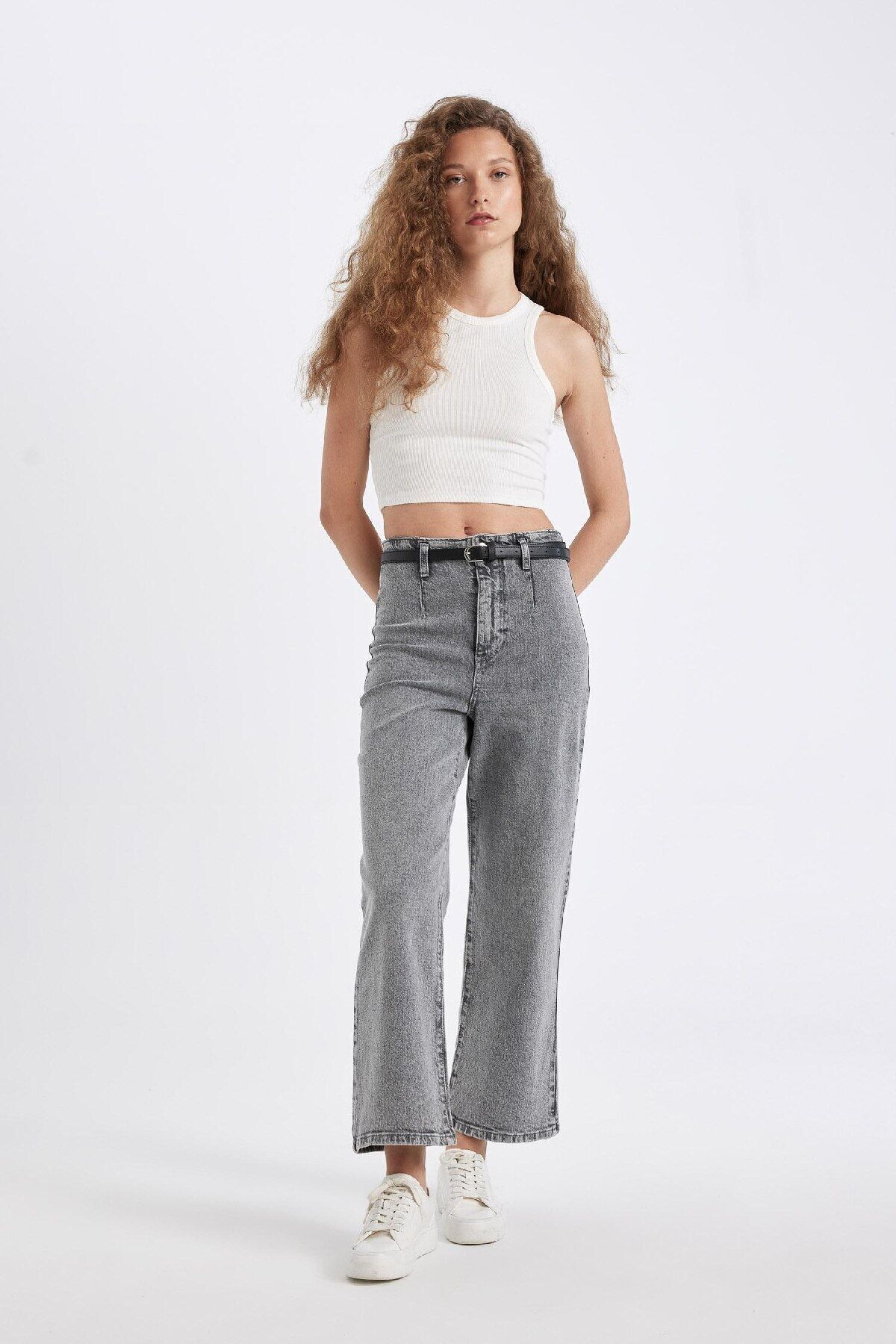 DEFACTO Culotte High Waist Crop Jean Washed Trousers