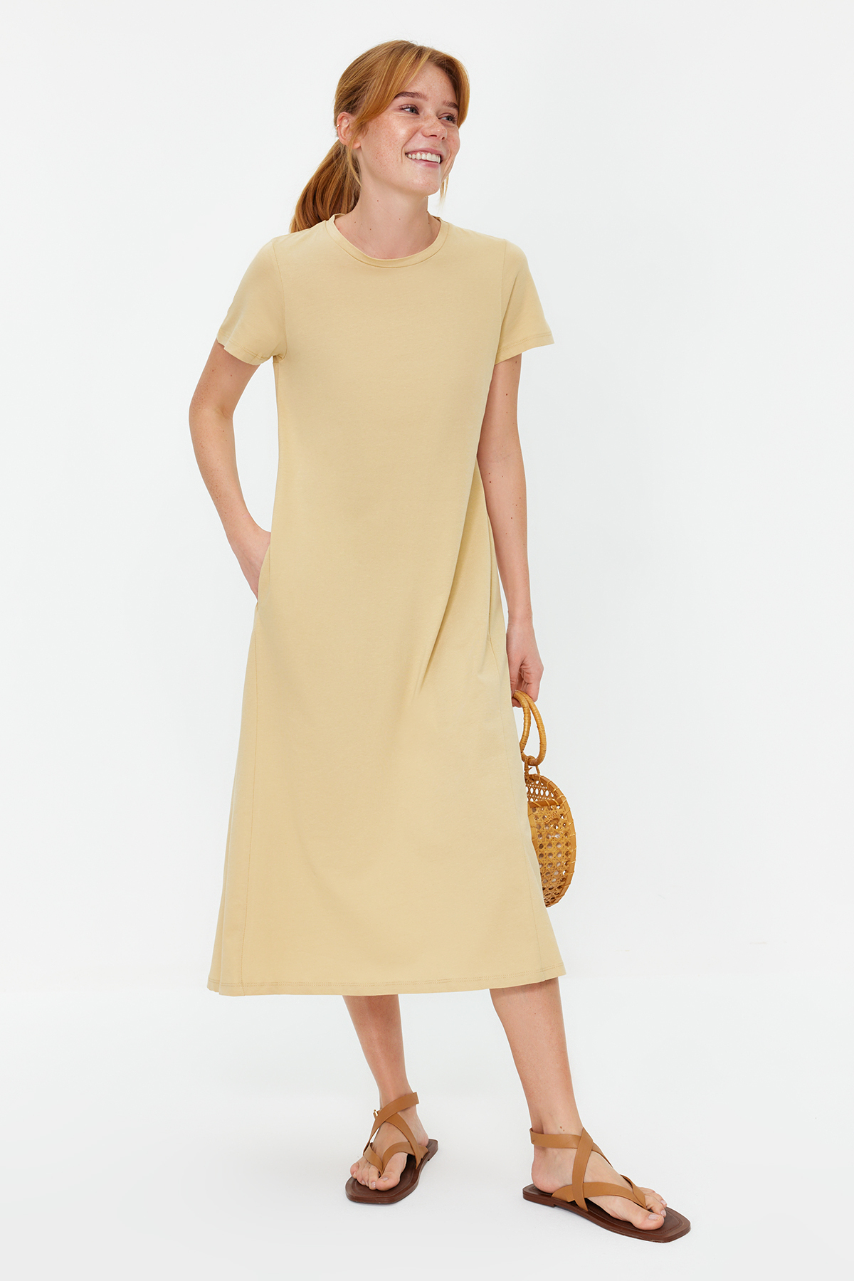 Trendyol Beige Pocketed Crew Neck A-Line Knitted Midi Dress