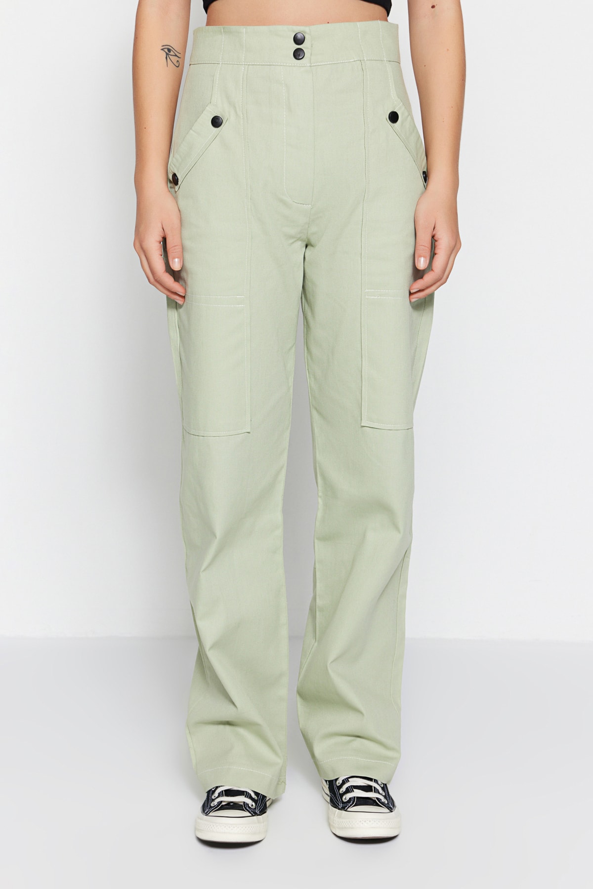 Levně Trendyol Light Khaki Cargo tkané knoflíkové detailní bavlněné kalhoty