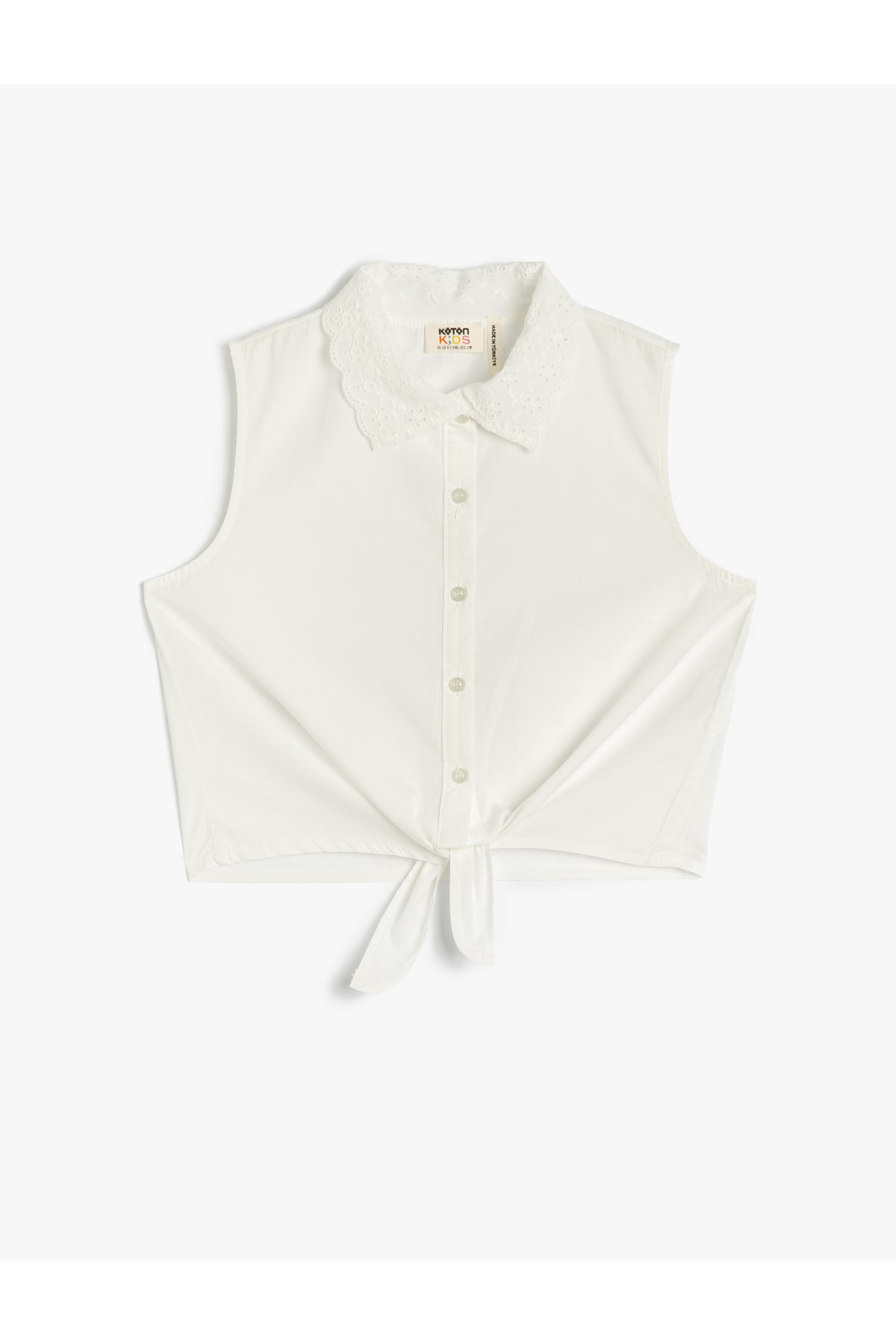 Koton Crop Shirt with Front Tie Detail, Sleeveless. Embroidered Collar.