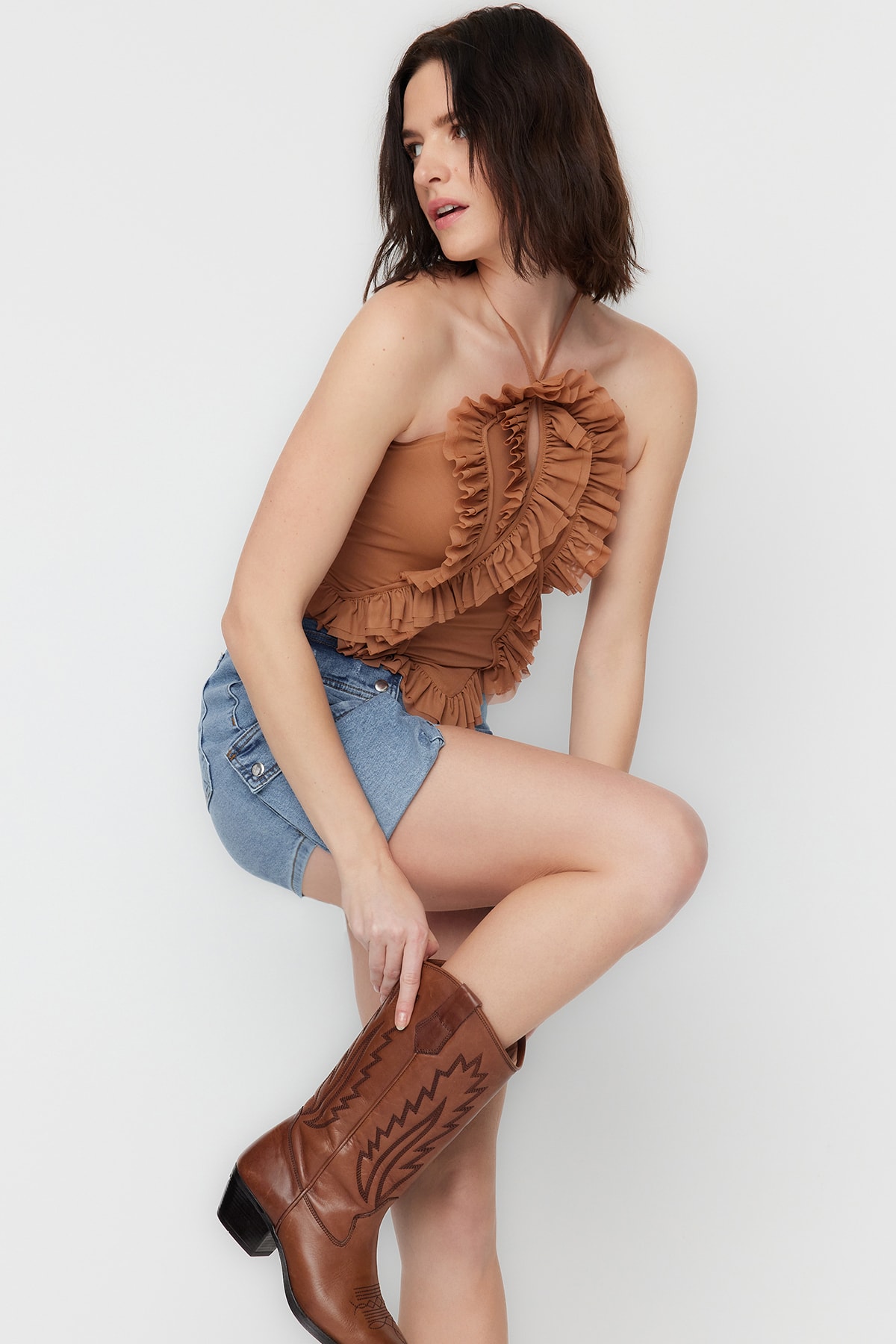 Trendyol X Sagaza Studio Cinnamon Frill Detailed Tulle Blouse