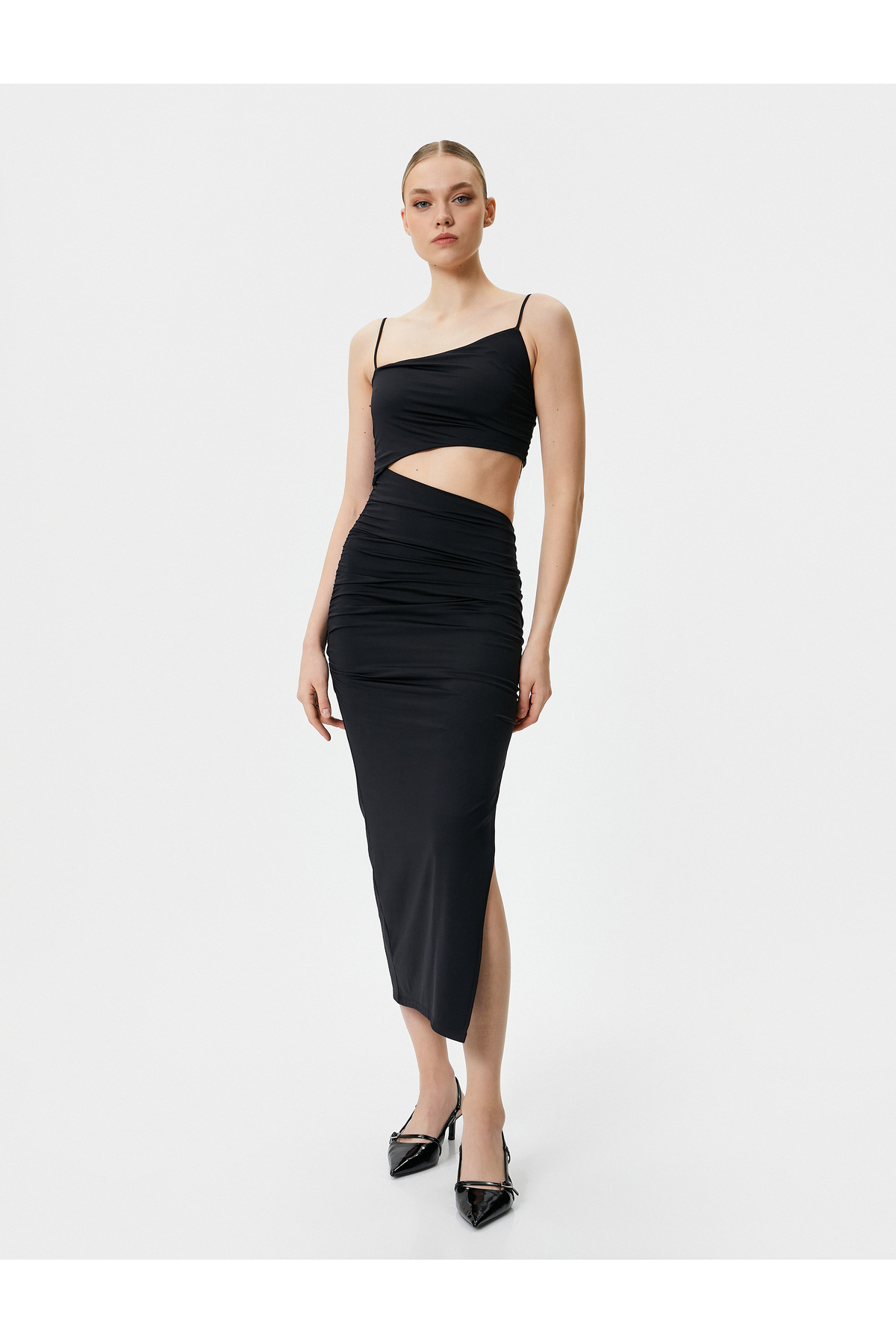 Levně Koton Evening Dress Asymmetric Cut Window Detailed Draped Thin Strap Midi Length