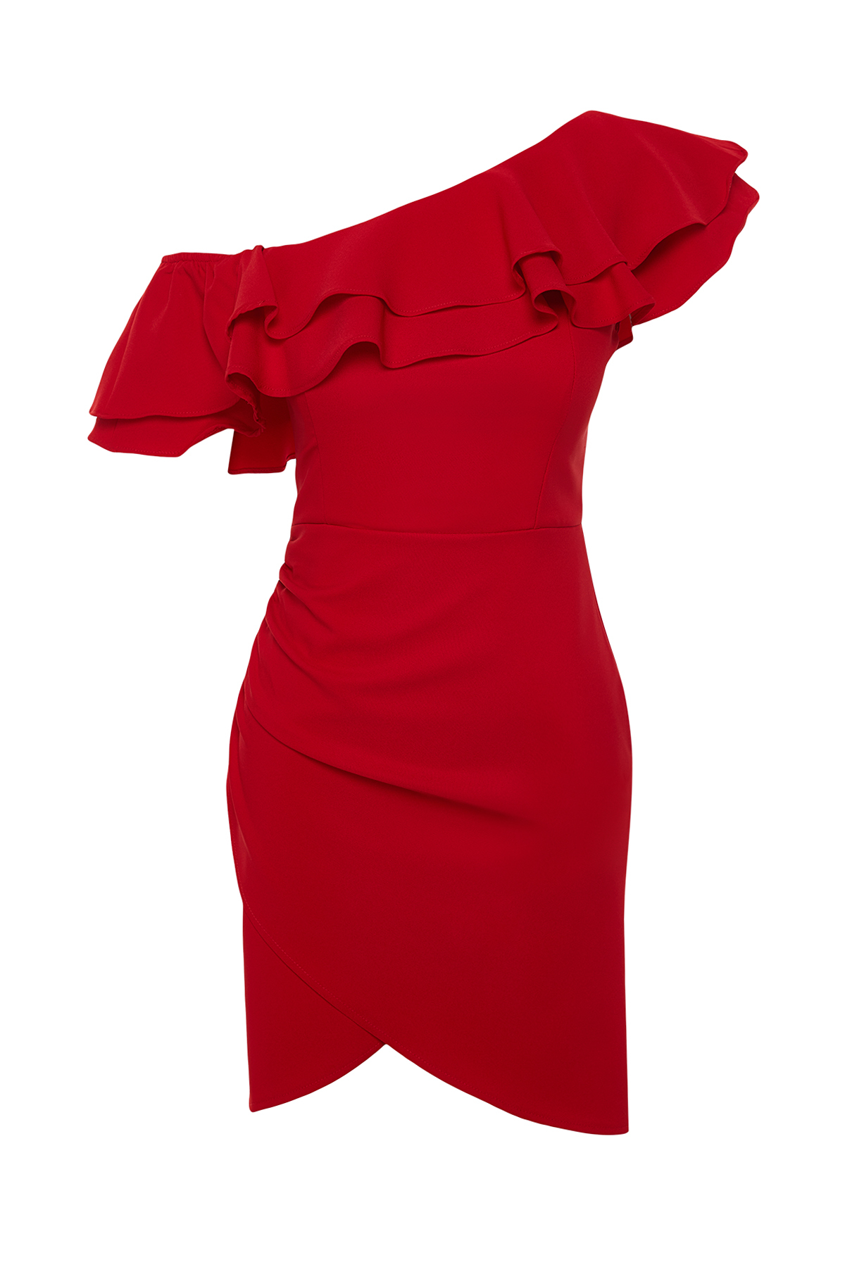 Trendyol Red Single Sleeve Ruffled Elegant Evening Dress