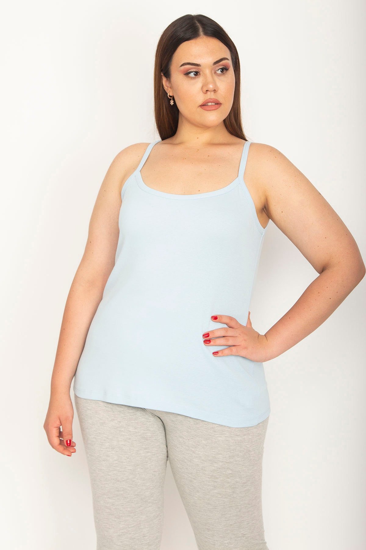 Levně Şans Women's Plus Size Blue Cotton Fabric Strap Height Adjustment Blouse