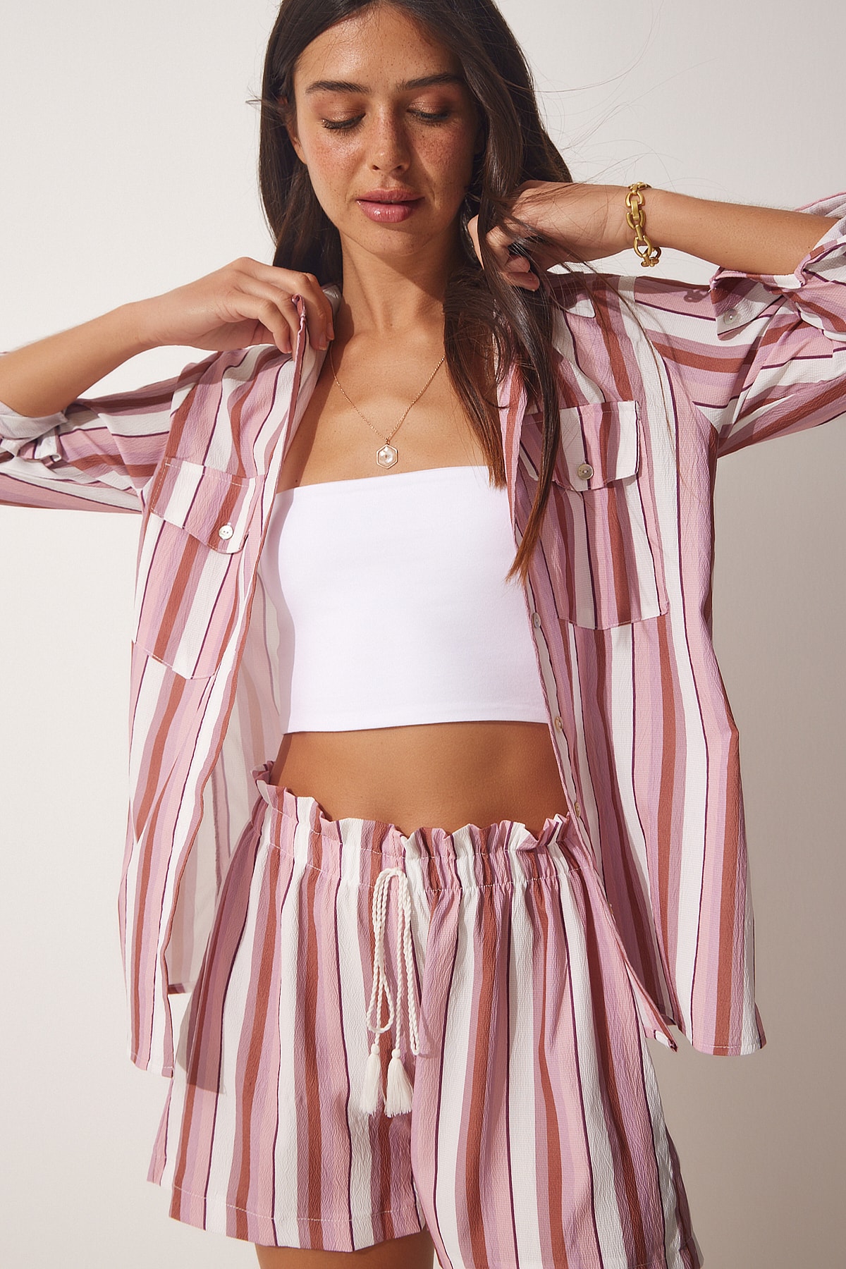 Happiness İstanbul Women's Pink Striped Linen Viscose Shirt and Shorts Set