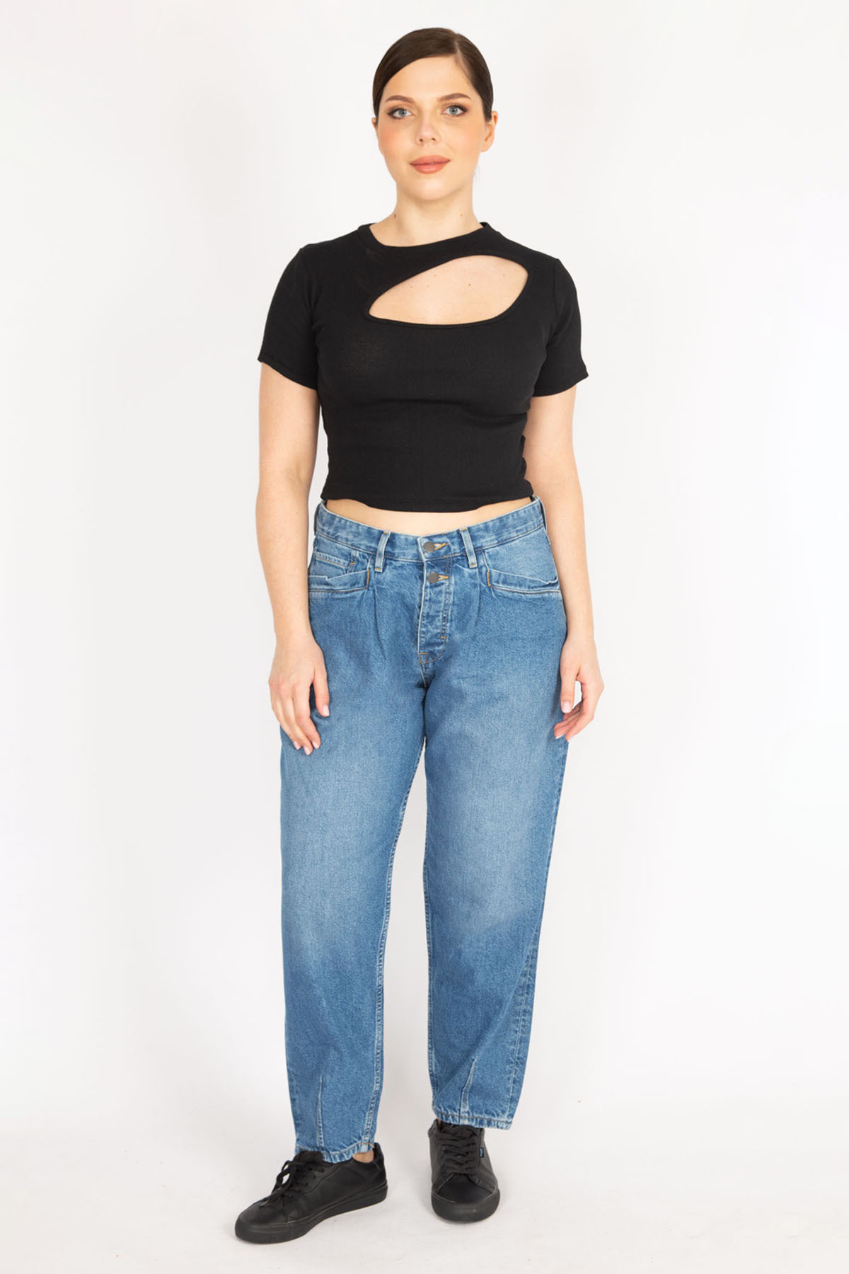 Levně Şans Women's Blue Large Size Front Pocket Detailed Jeans