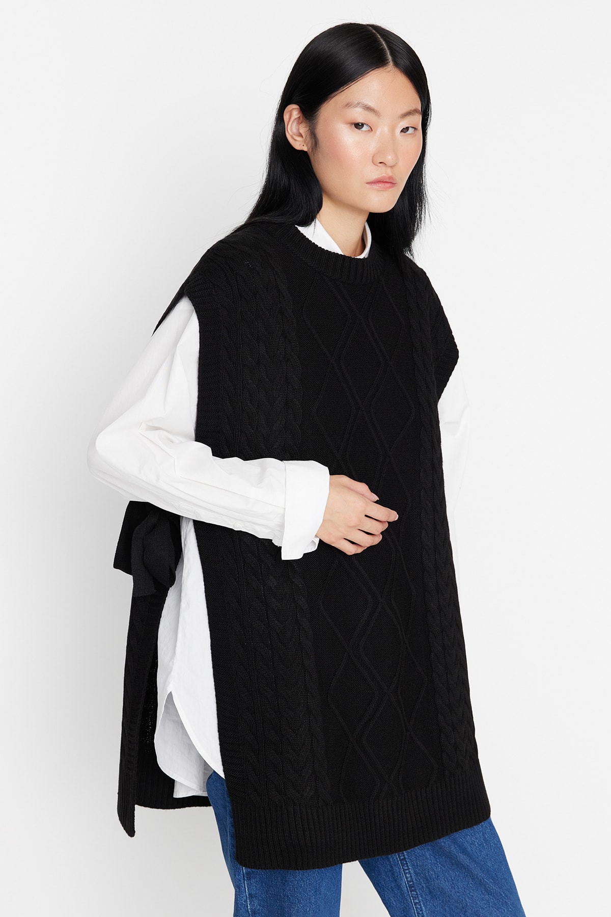 Trendyol Black Tie Waist Braided Knitwear Sweater