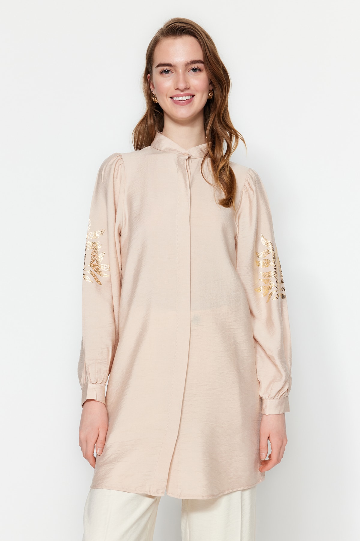 Trendyol Beige Foil Floral Printed Satin Look Woven Shirt
