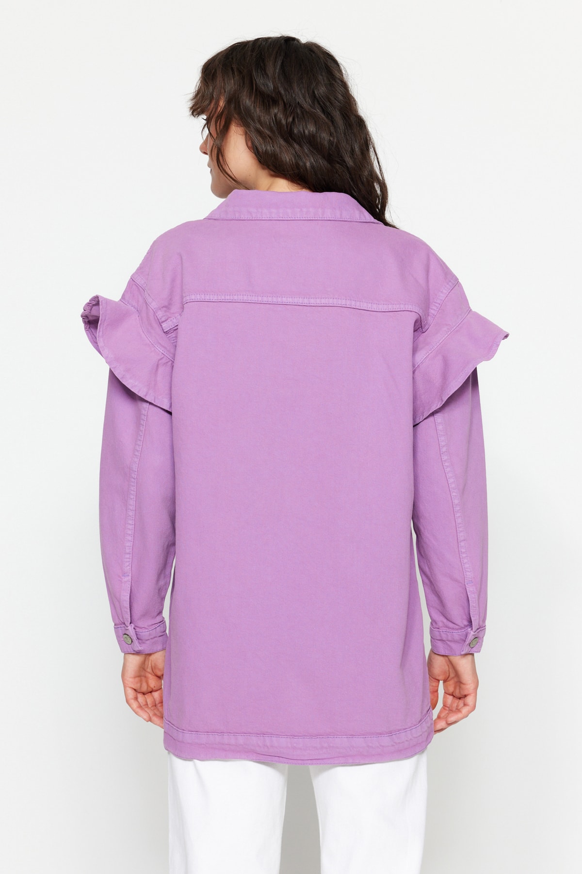 Jachetă Trendyol Lilac Denim Jeans cu detalii volane pe mâneci