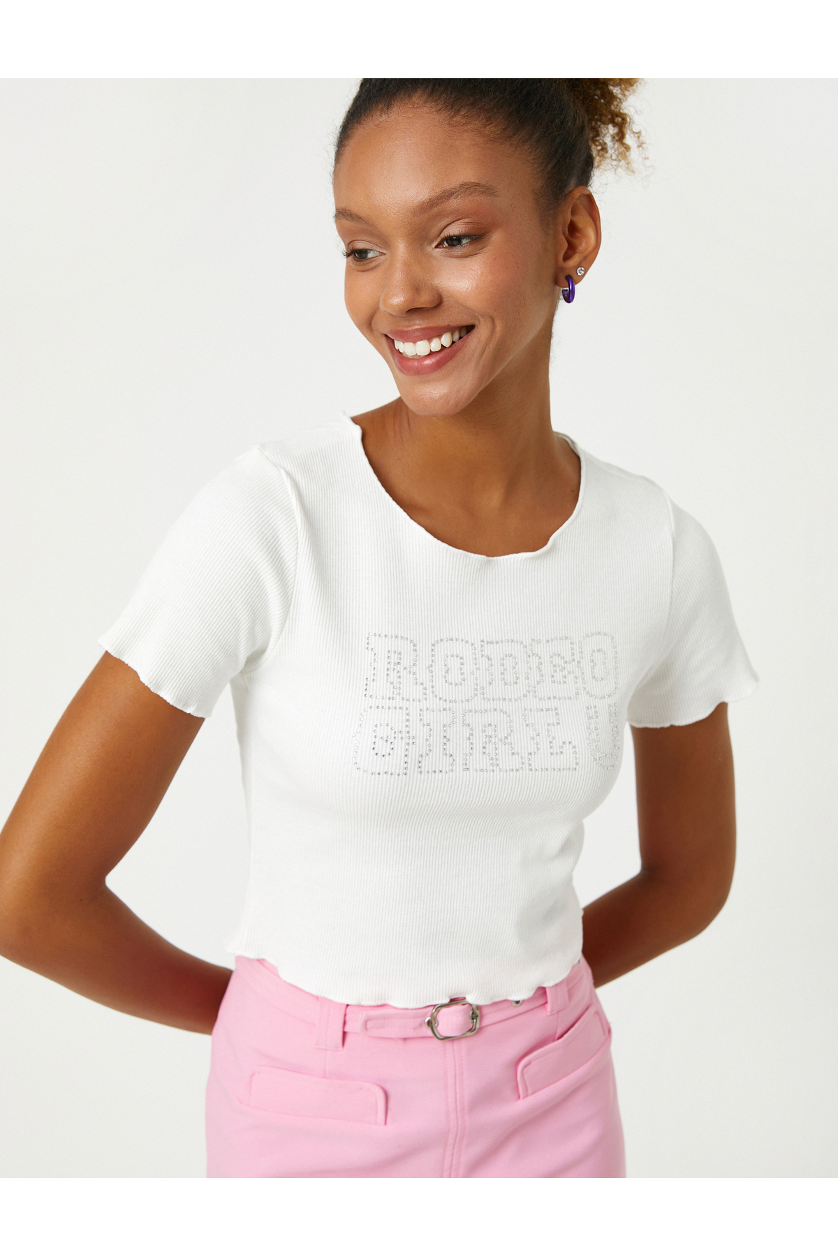 Levně Koton Crop T-Shirt Short Sleeves Crew Neck Shiny Stones.