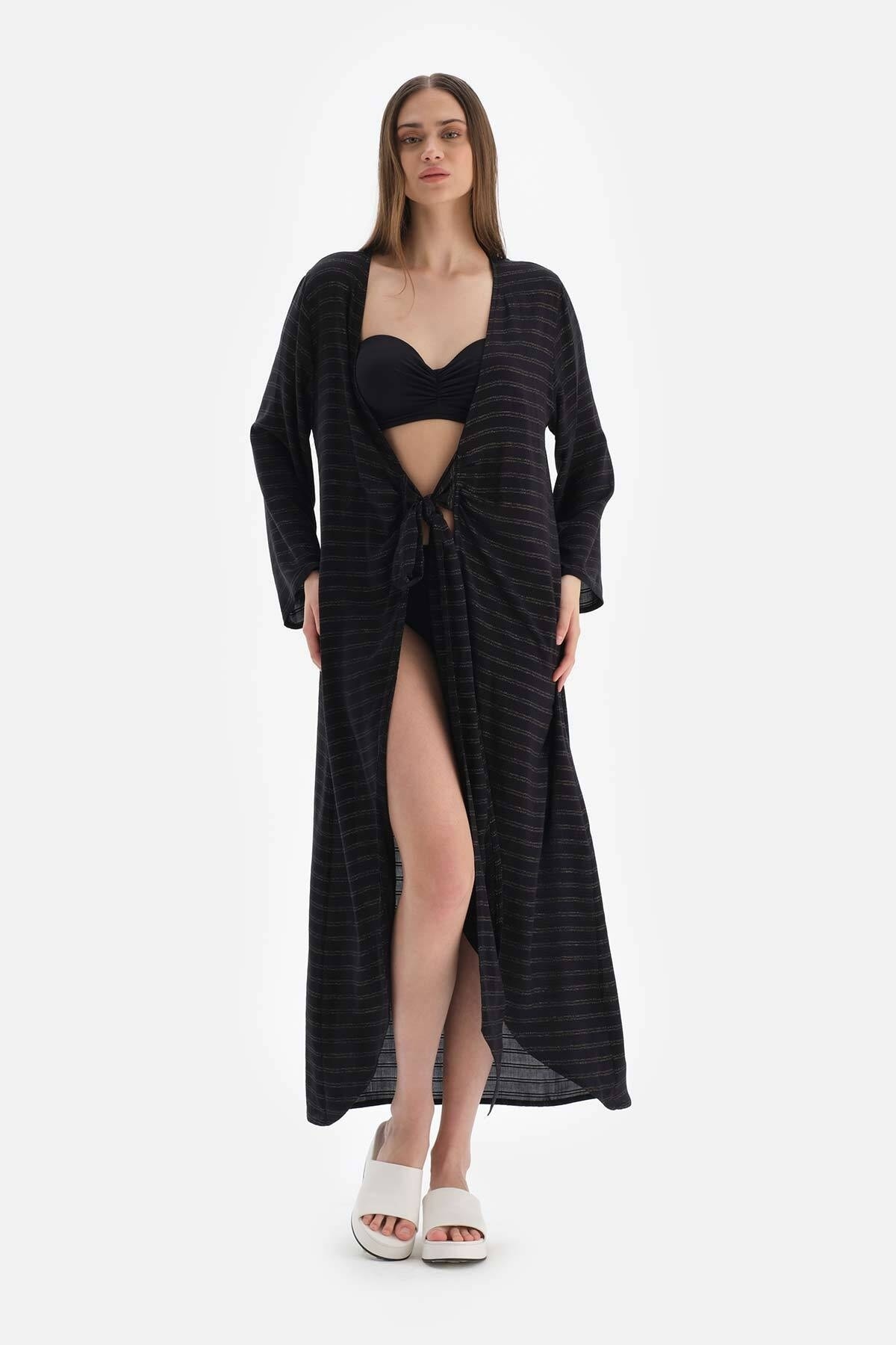 Dagi Black Long Sleeve Viscose Kimono