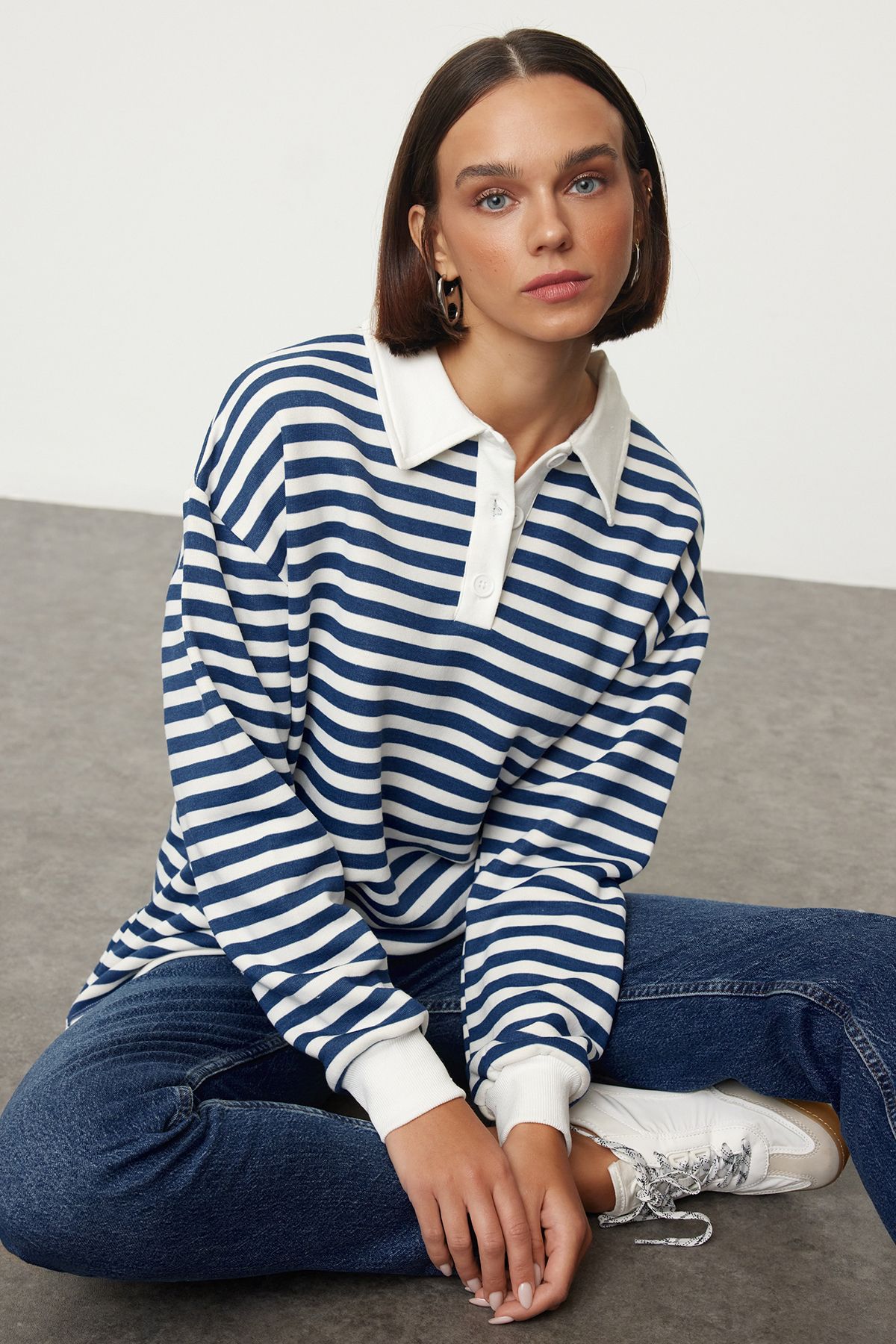 Trendyol Blue Striped Polo Neck Thick Fleece Inside Oversize Knitted Sweatshirt