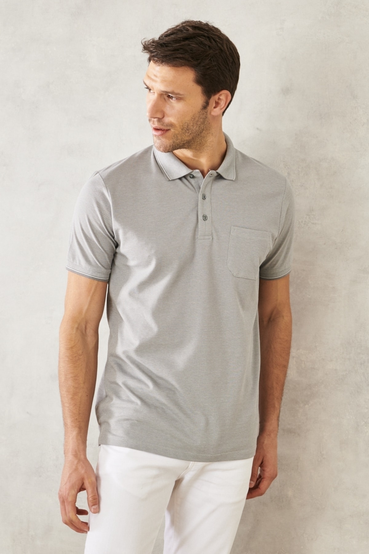 Levně AC&Co / Altınyıldız Classics Men's Non-Shrink Cotton Fabric Regular Fit Comfort Fit Gray Anti-roll Polo Neck Pocket T-Shirt