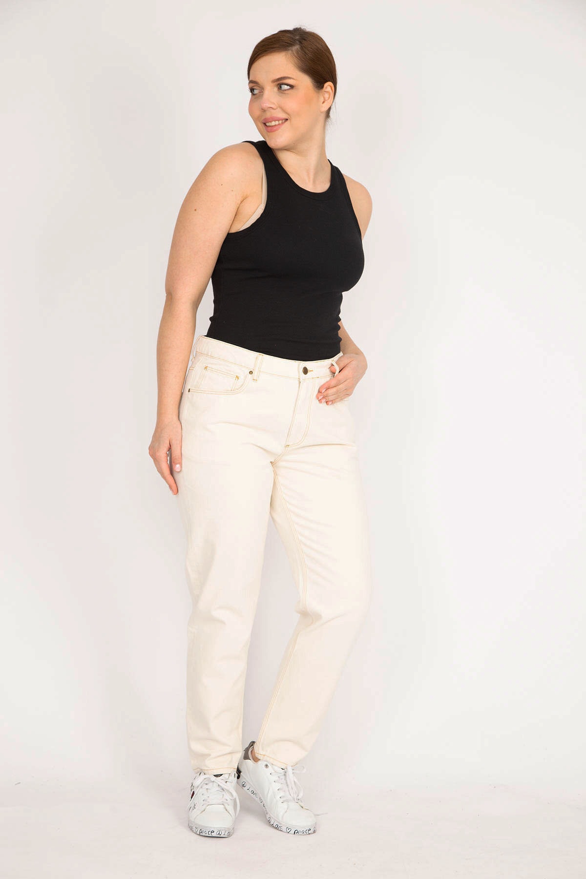 Levně Şans Women Ecru Plus Size 5 Pocket Jeans