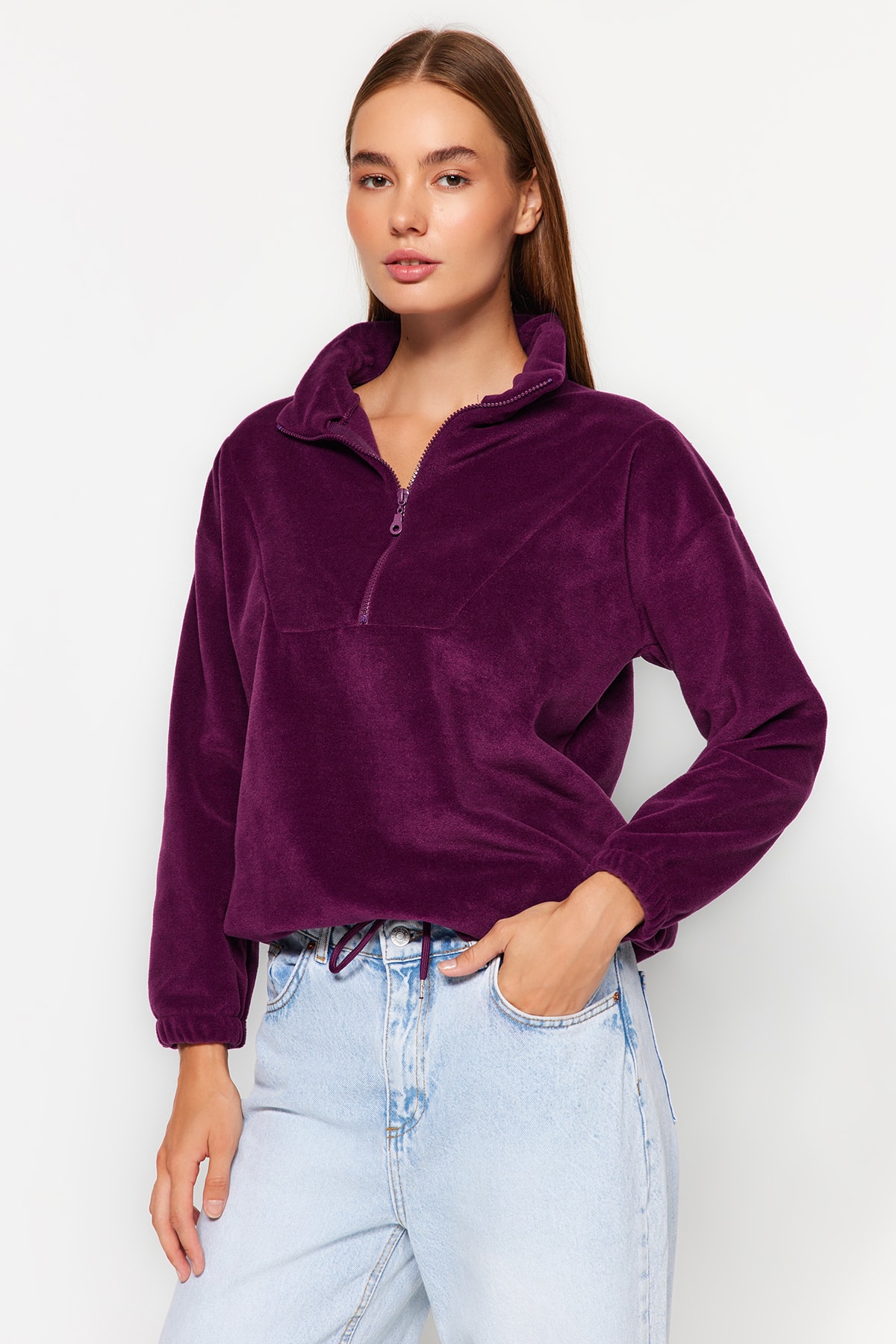 Trendyol Purple Zipper Detailed Fleece Knitted Sweatshirt