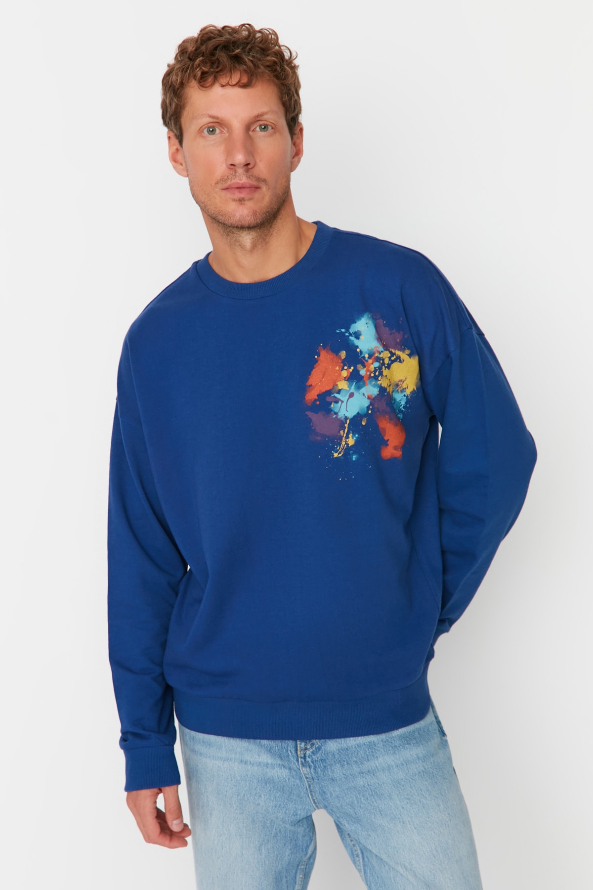 Trendyol Men's Navy Blue Oversize/Wide-Fit Crew Neck Geometric Printed Sweatshirt