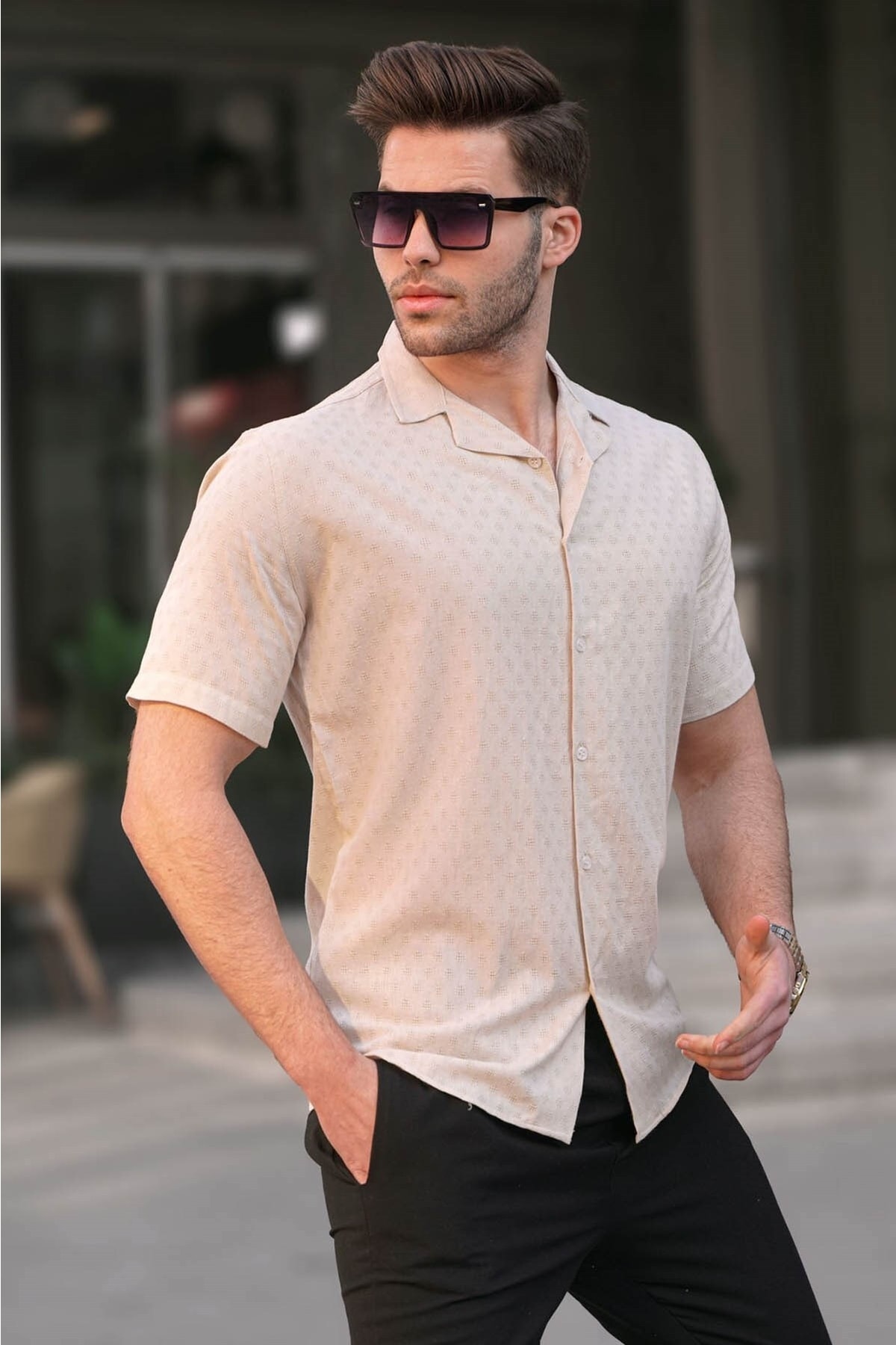 Levně Madmext Beige Slim Fit 100% Cotton Short Sleeve Men's Shirt 5585
