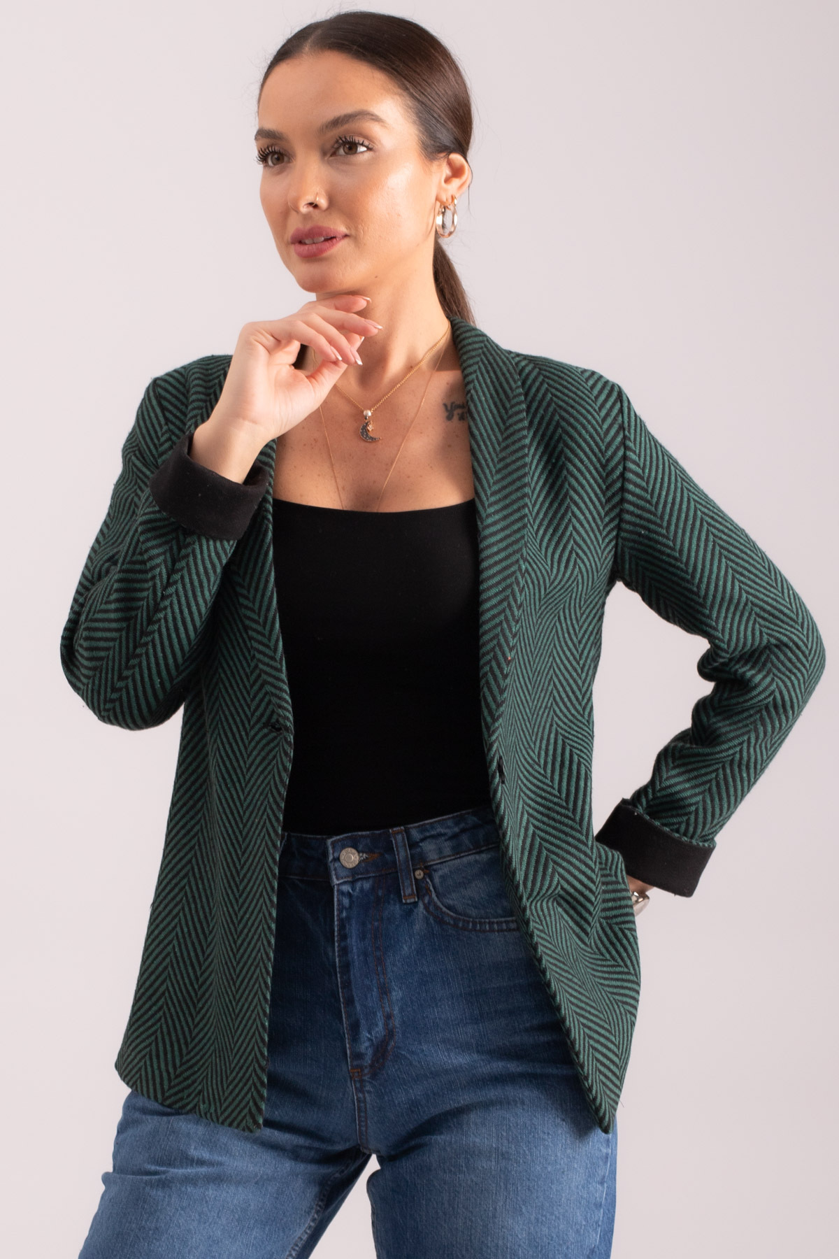 armonika Women's Emerald Herringbone Pattern Fold Sleeve Single Button Cachet Jacket