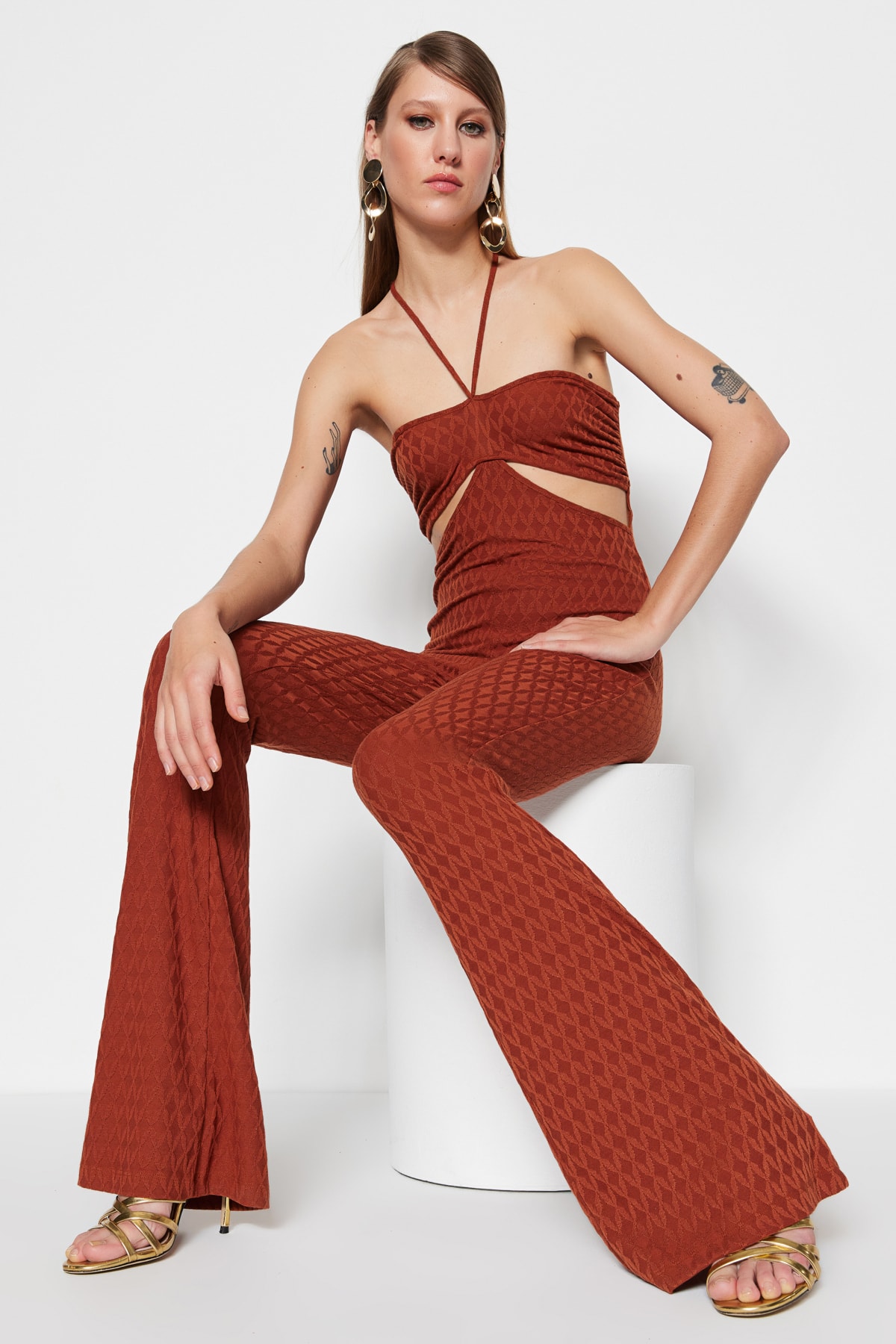 Trendyol Cinnamon Knitted Window/Cut Out Detail Textured Self Patterned Jumpsuit