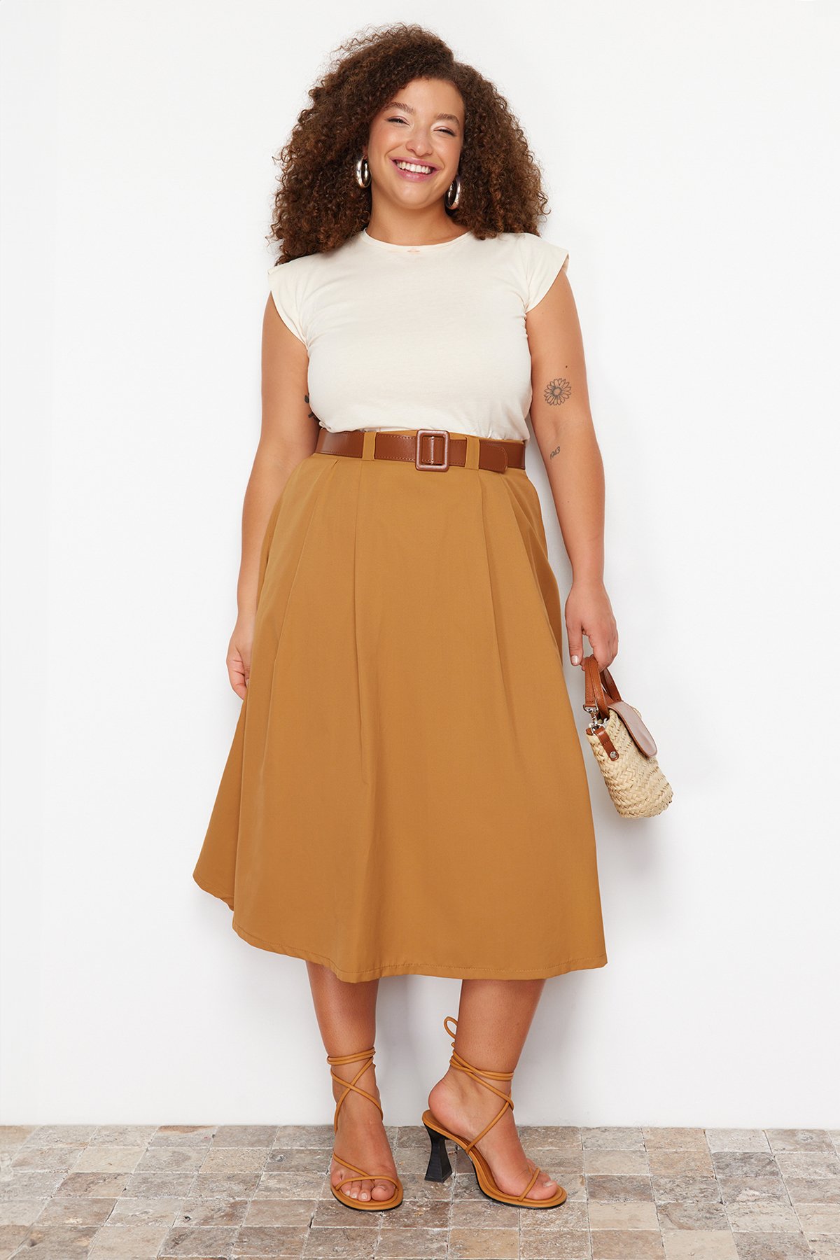 Trendyol Curve Camel Woven Plus Size Skirt