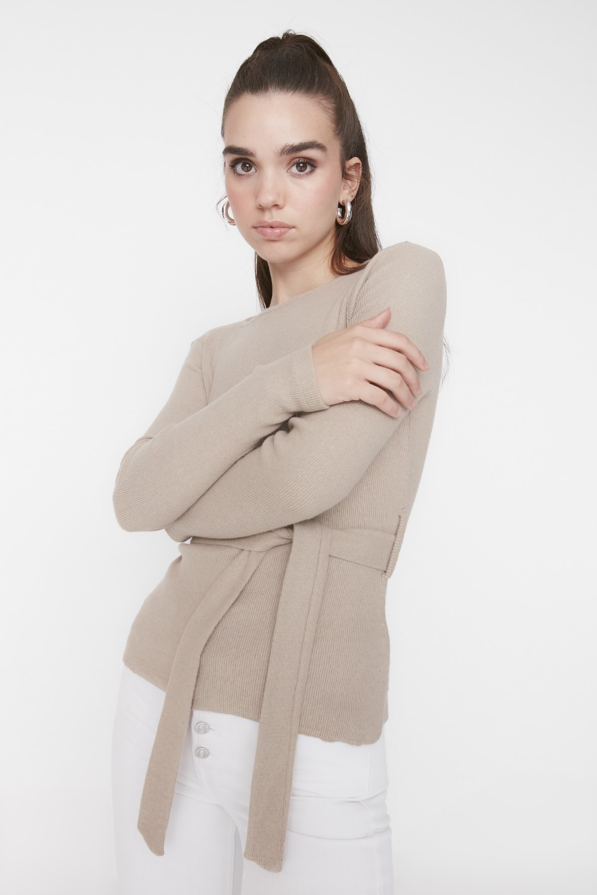 Trendyol Beige Belted Fake Knitwear Knitted Blouse