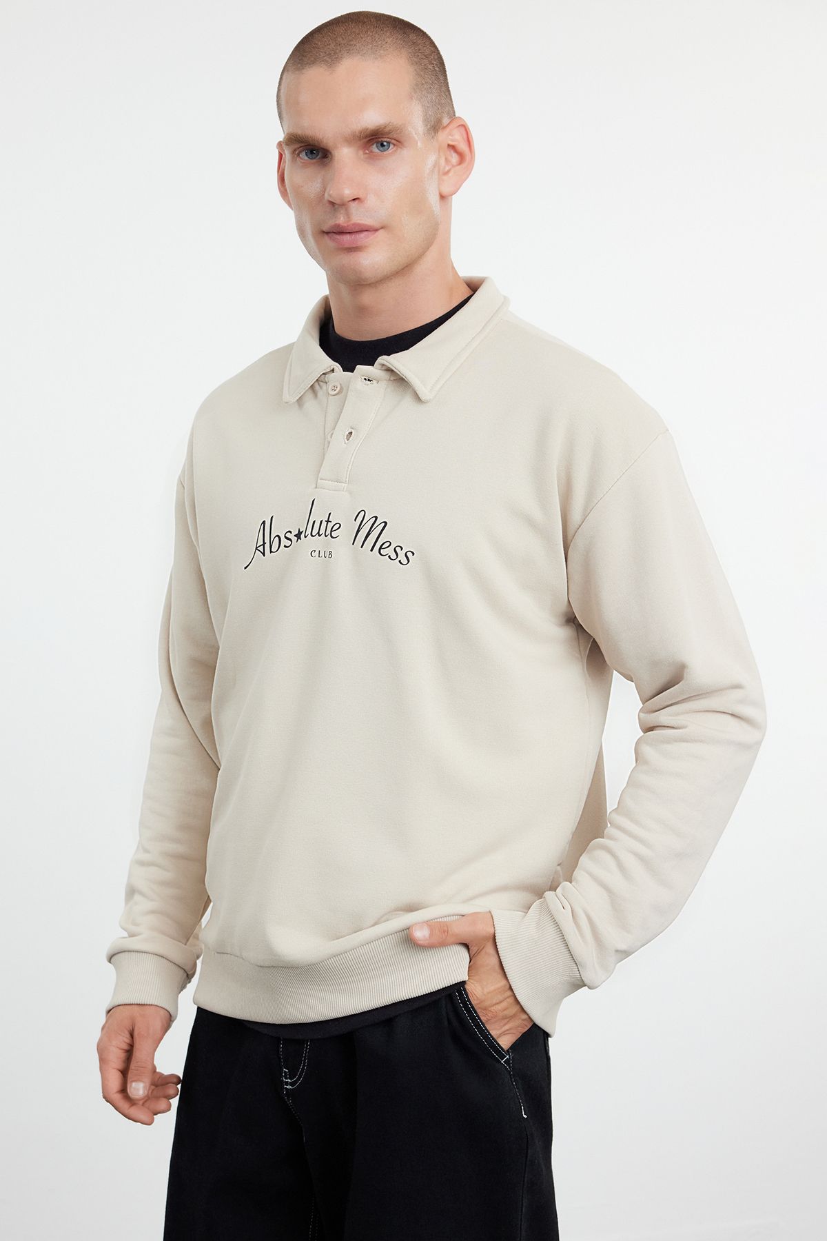 Trendyol Stone Oversize/Wide Cut Letter Printed Polo Neck Sweatshirt