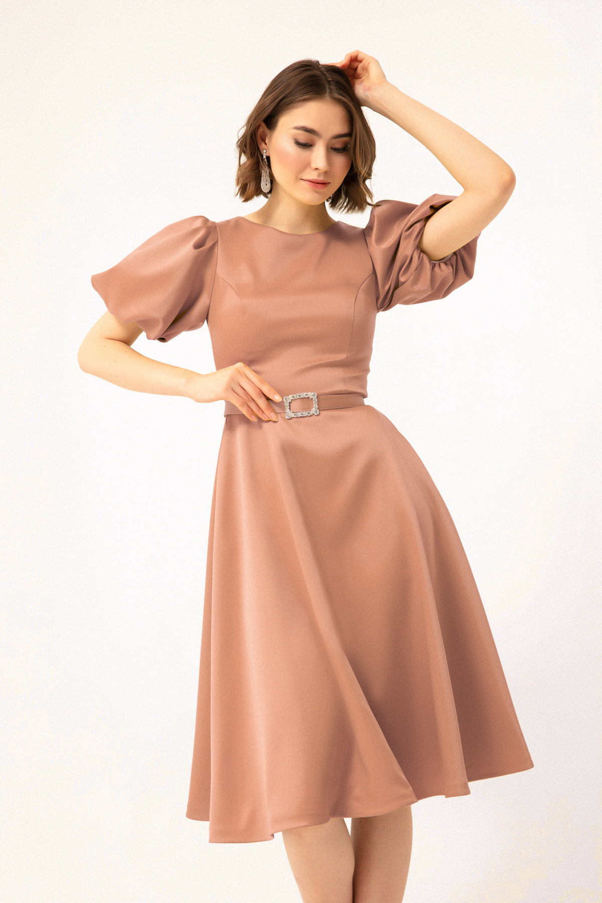 Levně Lafaba Women's Powder Balloon Sleeve Stony Belted Mini Satin Evening Dress