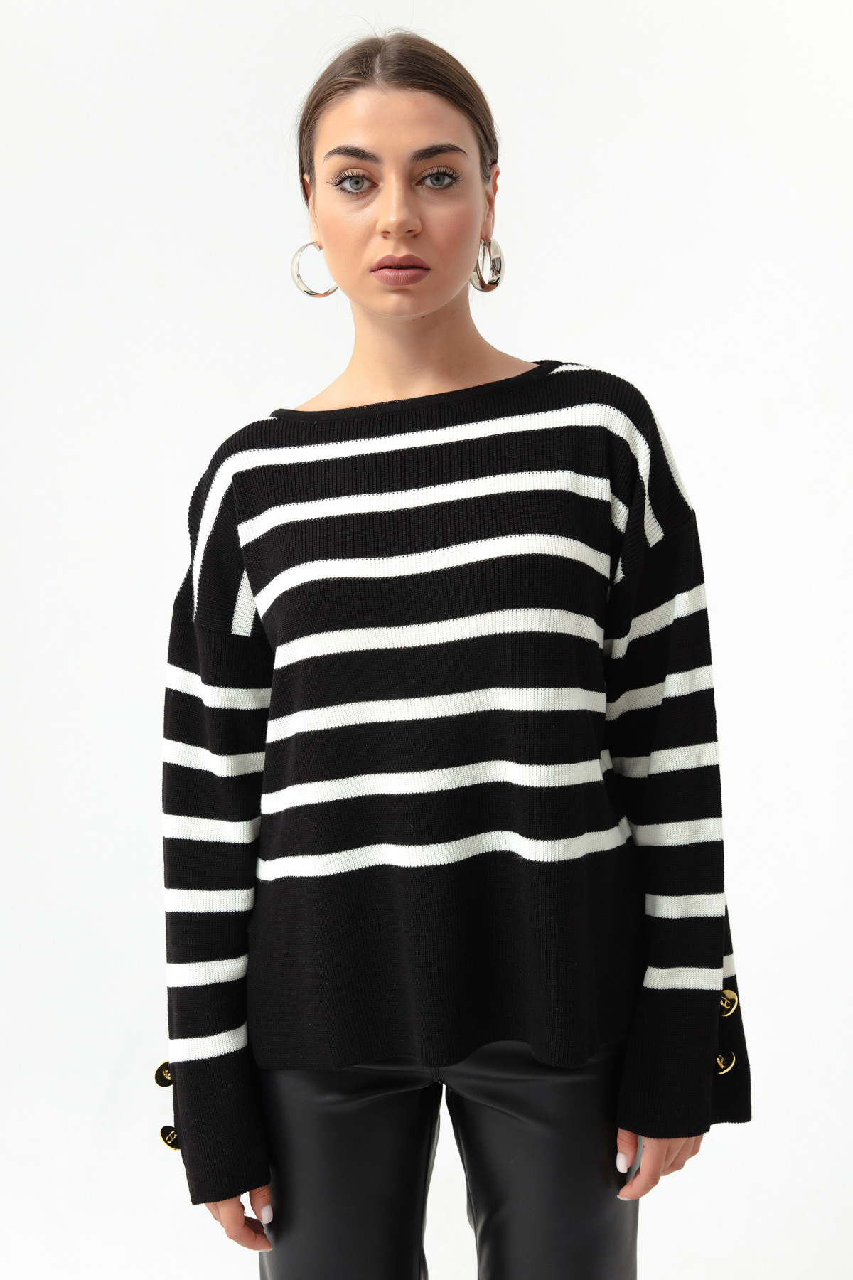 Levně Lafaba Women's Black Bateau Neck Striped Knitwear Sweater