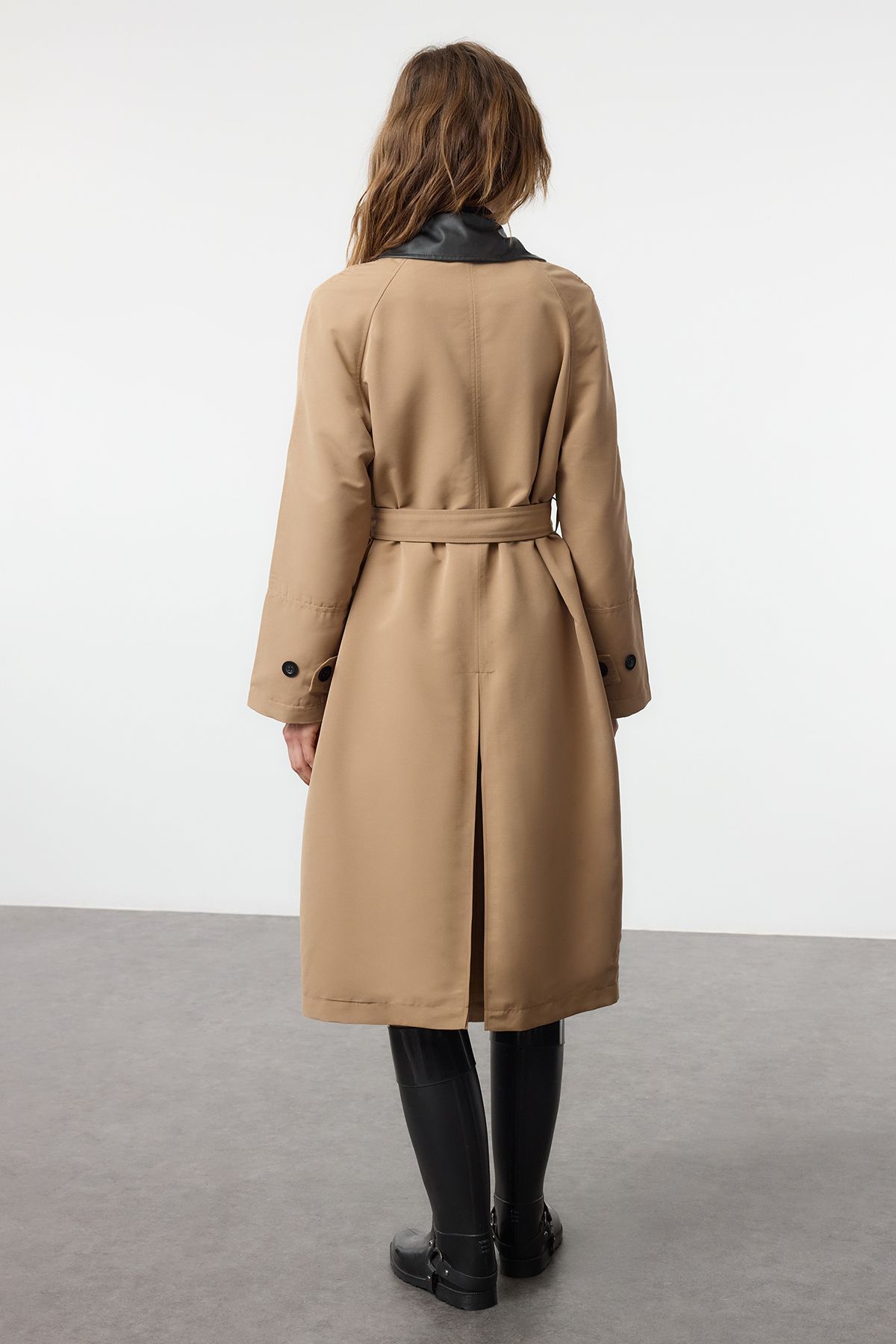 Trendyol Beige Regular Belted Faux Leather Detailed Long Trench Coat