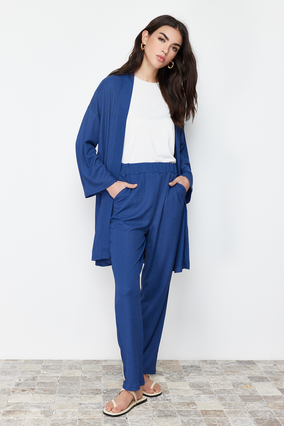 Levně Trendyol Blue Wrap Knitted Kimono Trousers Bottom-Top Set